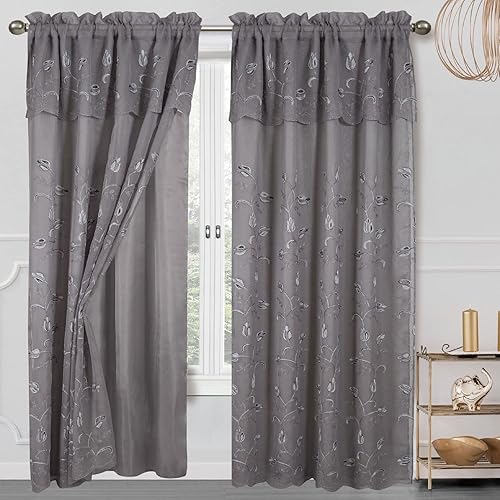 PREMIUS Cecilia - Panel de bordado floral con cenefa y respaldo, azul marino, dorado, 54 x 84 pulgadas