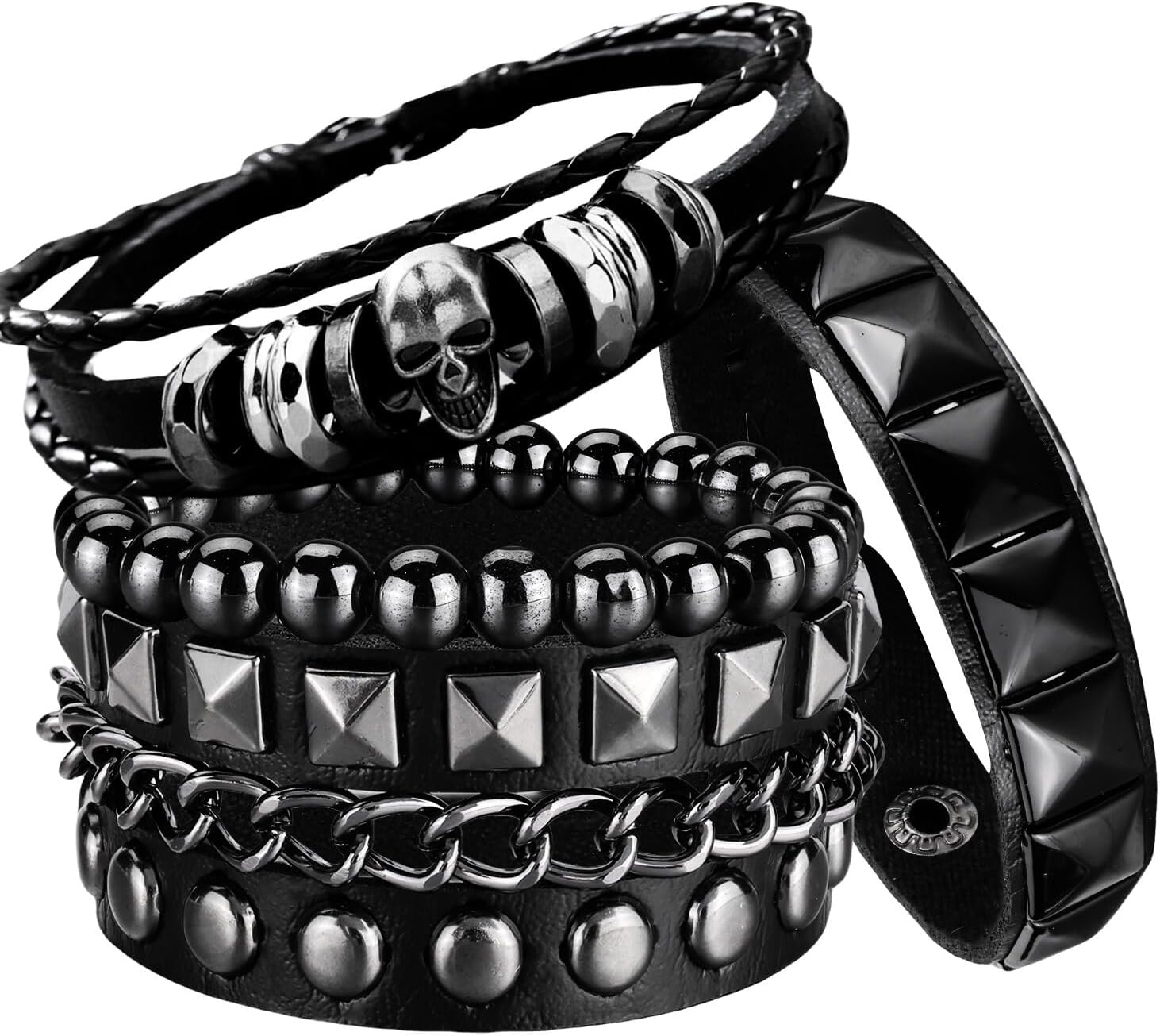 4 Pcs Leather Punk Rock Studded Bracelets Set for Men and Women 80s Adjustable Spike Cuff and Retro Emo Jewelry Accessories