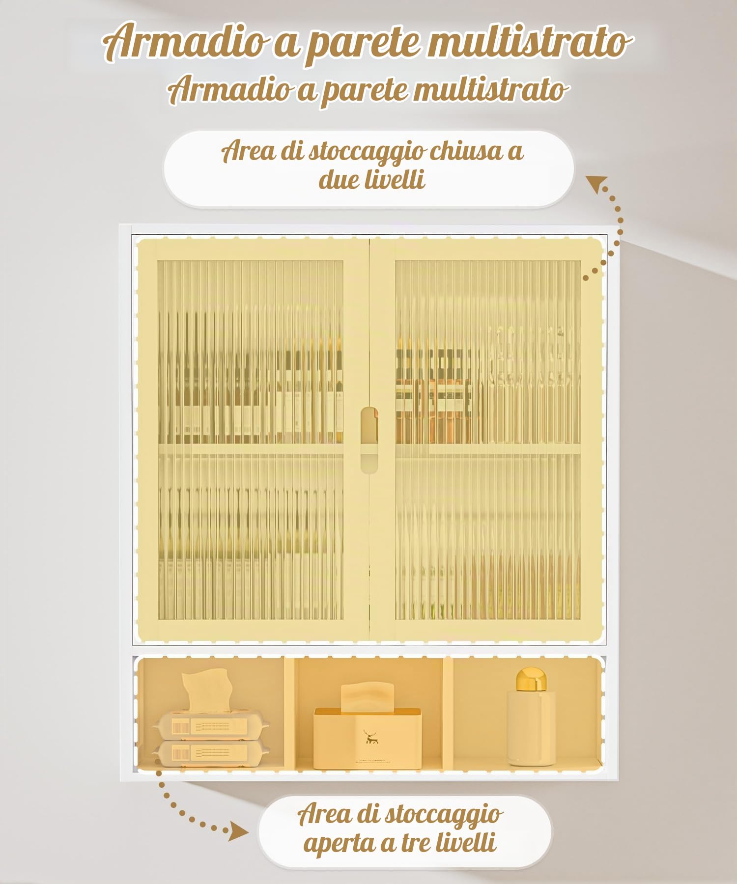Yorbay Mobile Bagno Sospeso con 2 Sportello Magnetico Trasparente e Scomparto Aperto, Armadietto Medicinali in Bambù per Bagno e Cucina, Mobiletto da Parete Salvaspazio, 22 x 59 x 66 cm (Bianco)