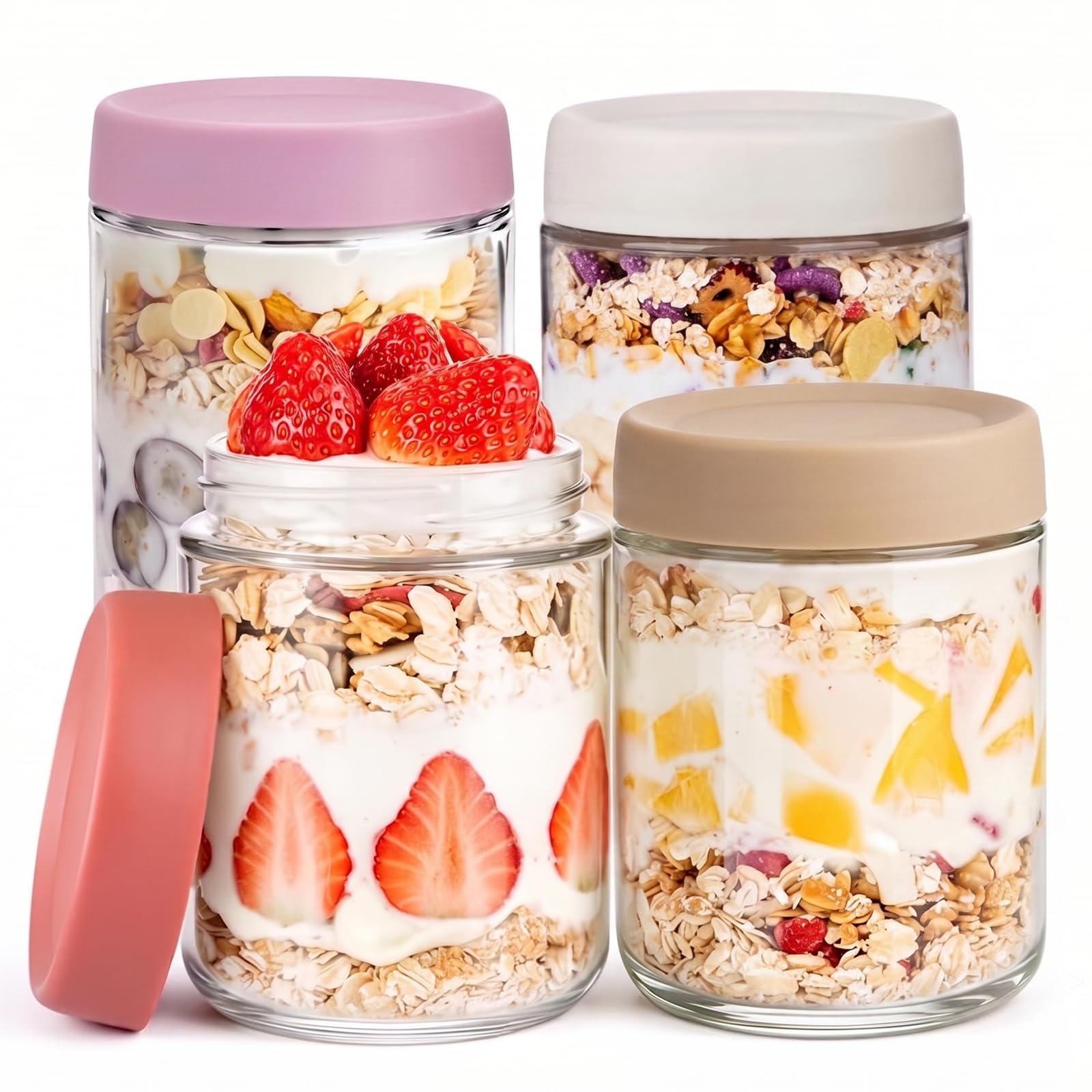 Thyme Space Overnight Oats Gläser, 4 Stück 500 ml Meal Prep Gläser mit Deckel für Yogurt Salat