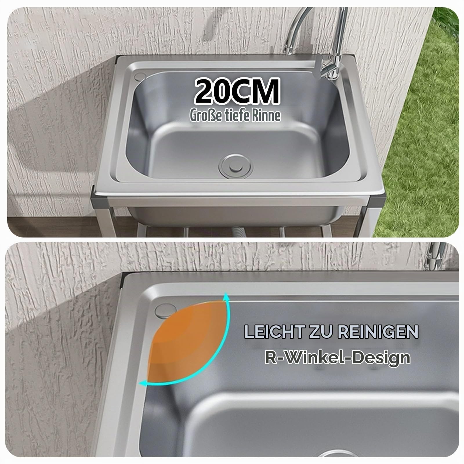 Lavabo portatile da esterno in acciaio con rubinetto e rubinetto, ideale per giardino, campeggio e seminterrato, lavabo