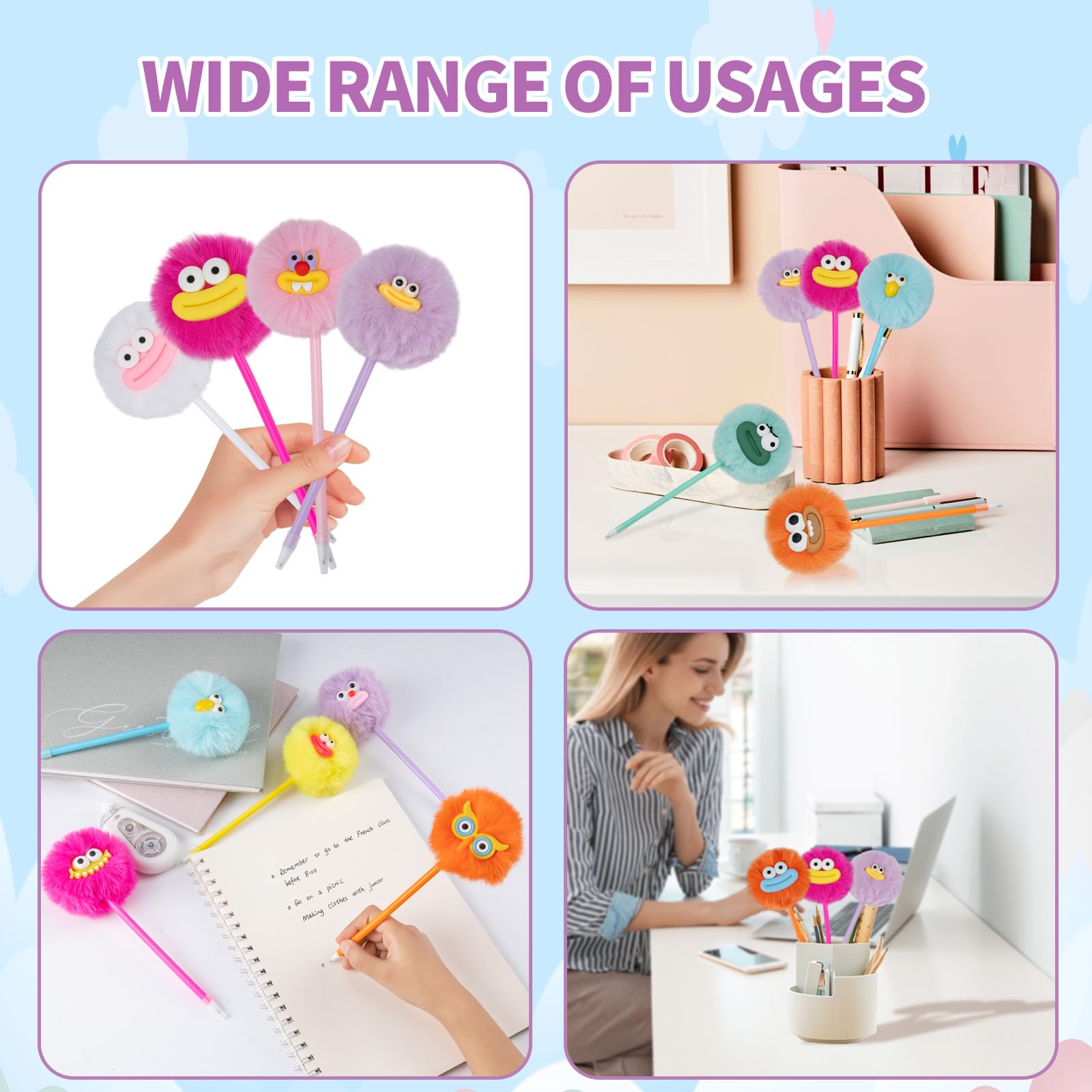 OMyFav 30 bolígrafos esponjosos con pompones lindos y divertidos bolígrafos kawaii para niños, animales de peluche coloridos para premios de aula, suministros de oficina