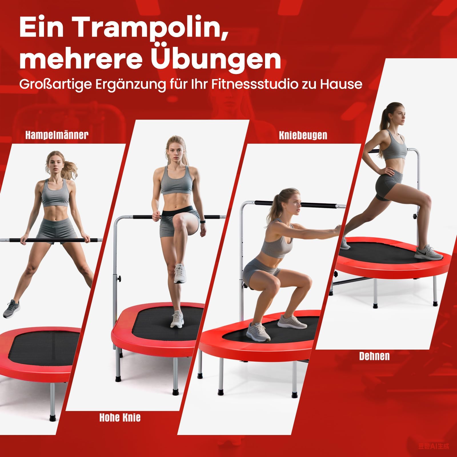 COSTWAY 2 Personen Trampolin, Mini Trampolin mit höhenverstellbarm Haltegriff, bis 150kg belastbar, Kindertrampolin klappbar, Gartentrampolin für Kinder, Erwachsene
