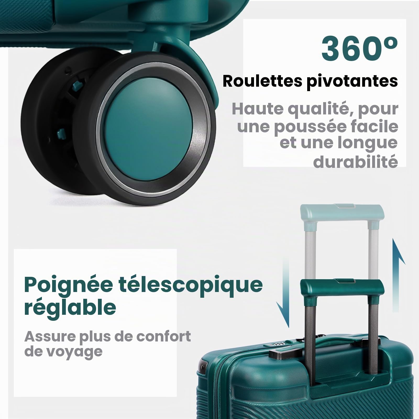 Ensemble de 3 valises rigides avec Serrure TSA, poignée télescopique, pour Femmes et Hommes, Vert