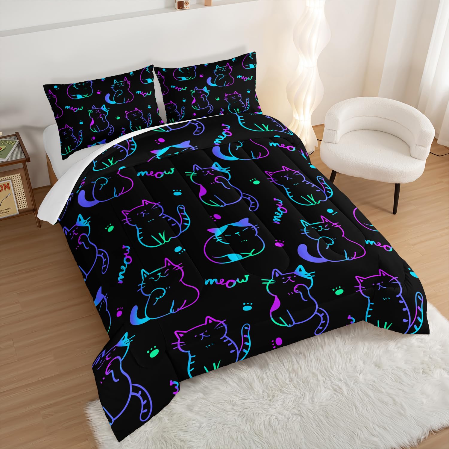 UEVBF 3D Neon Cat Kids Comforter Set,Gradient Line Cat Toddler Comforters Full Size for Teens Kids Boys Girls Room Decoration,Black Kawaii Bedding Sets with 2 Pillowcases.