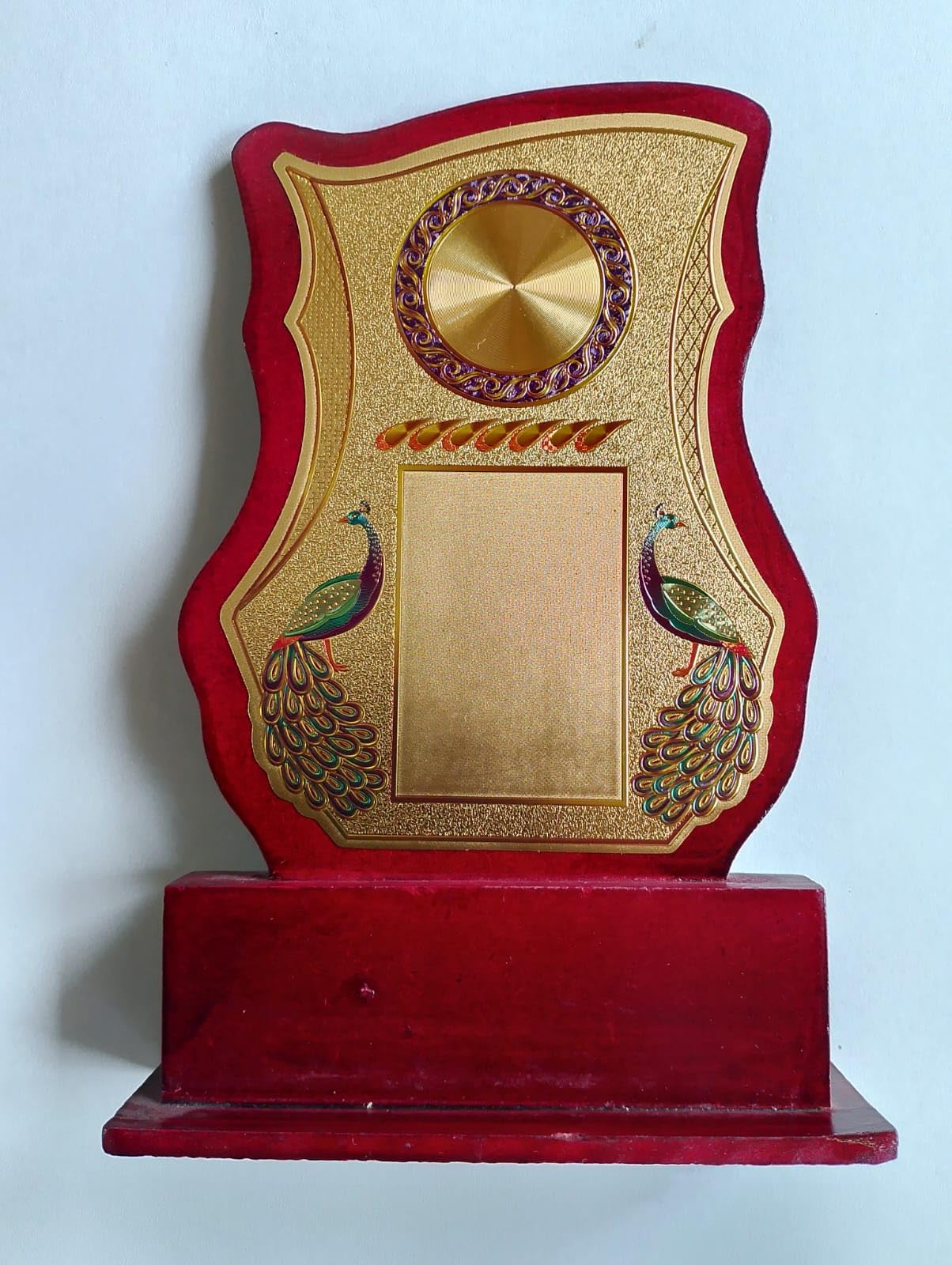 Wooden Trophy Award Plaque with Peacock Design – Maroon & Gold Memento for Corporate Awards, Sports, Retirement, Farewell & Achievement Recognition (Blank Engraving Plate) Pack of 10-image-5