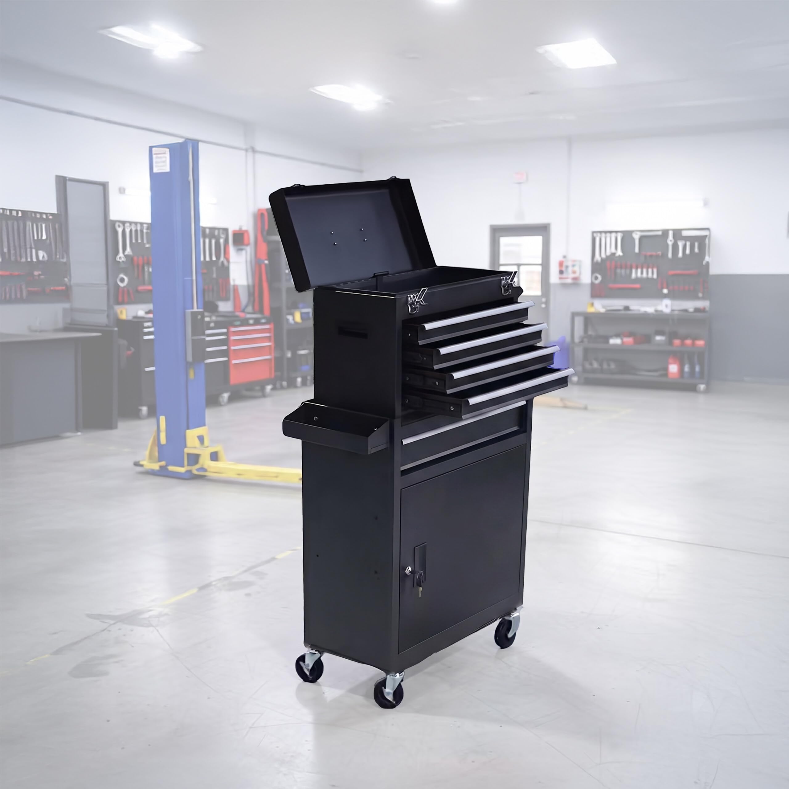 Relaxdays Carrello Officina con 5 cassetti, cassettino Superiore, Chiave, Ruote, Acciaio Nero 104x59,5x28 cm