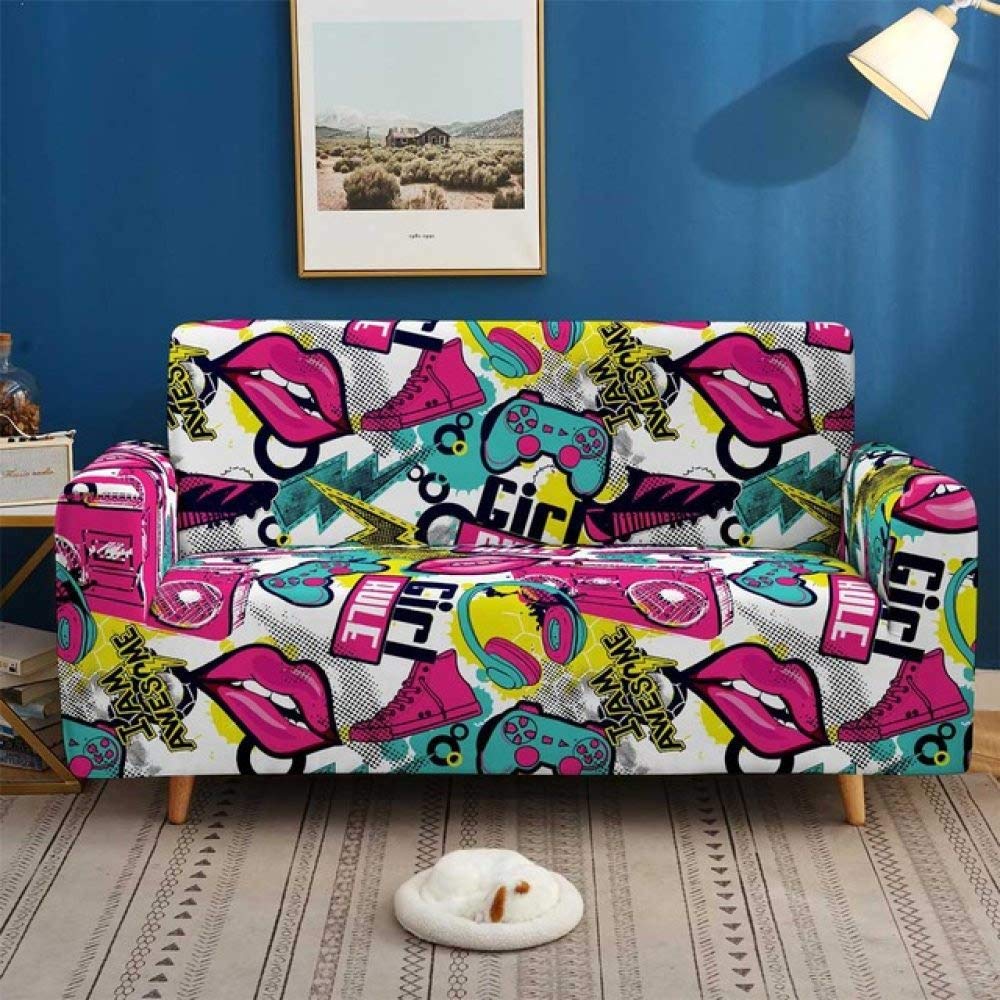Housse de canapé extensible 3 places imprimée graffiti pour angle SFW018