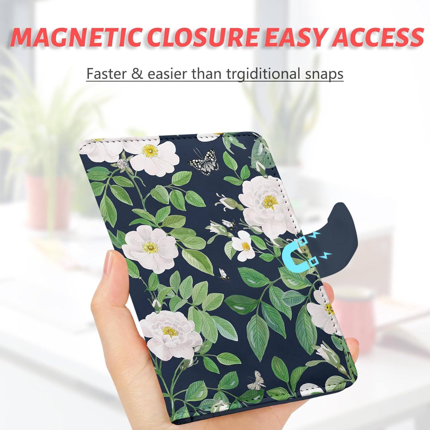 Passport Holder, Travel Wallet Cover with Pen Loop | Cute RFID Blocking Leather Case with Magnetic Closure for Travel Essentials-flower - Image 5