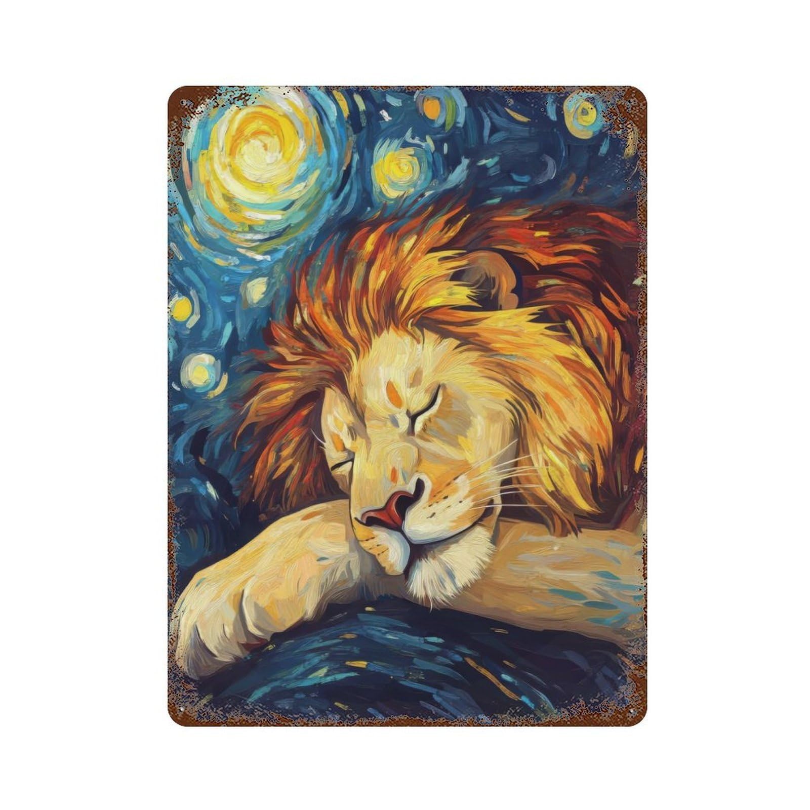 Rust Effect Tin Sign Lion Sleeping Under Starry Night 15.7"x11.8", Vintage Wall Decor for Living Room, Hallway And Home Decor