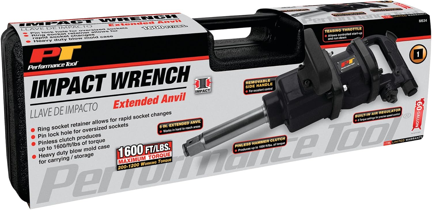 Performance Tool M634 1-Inch Heavy Duty 1-Inch Air Impact Wrench Gun Long Shank Commercial Truck Mechanics w/Case & 6-Inch Anvil