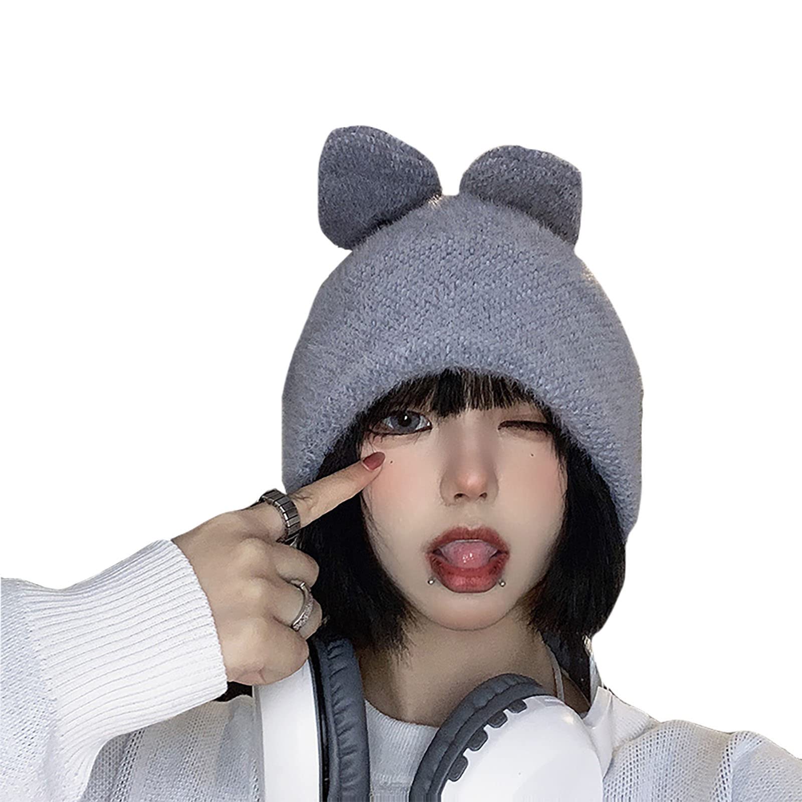 Amazon | [HANHUO] ウサギ耳 ニット帽 レディース 秋冬 帽子 ニット  