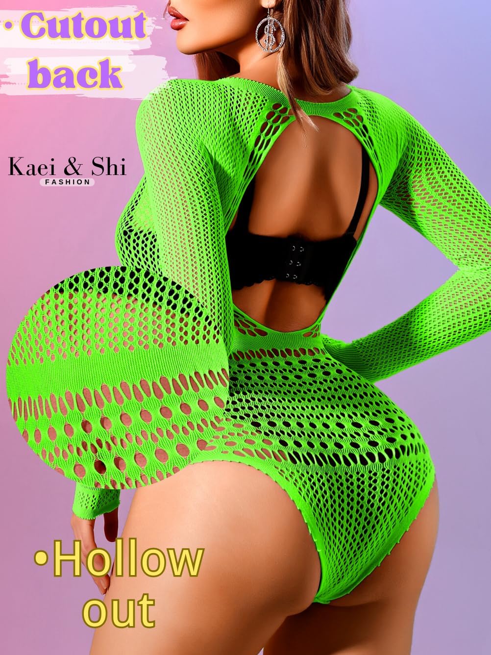 Kaei&Shi Sexy Hollow Rave Outfits, Fishnet Bodysuit Fits 0-18, Sheer Lace Glow Party Tops, Festival Mesh Plus Size For Women