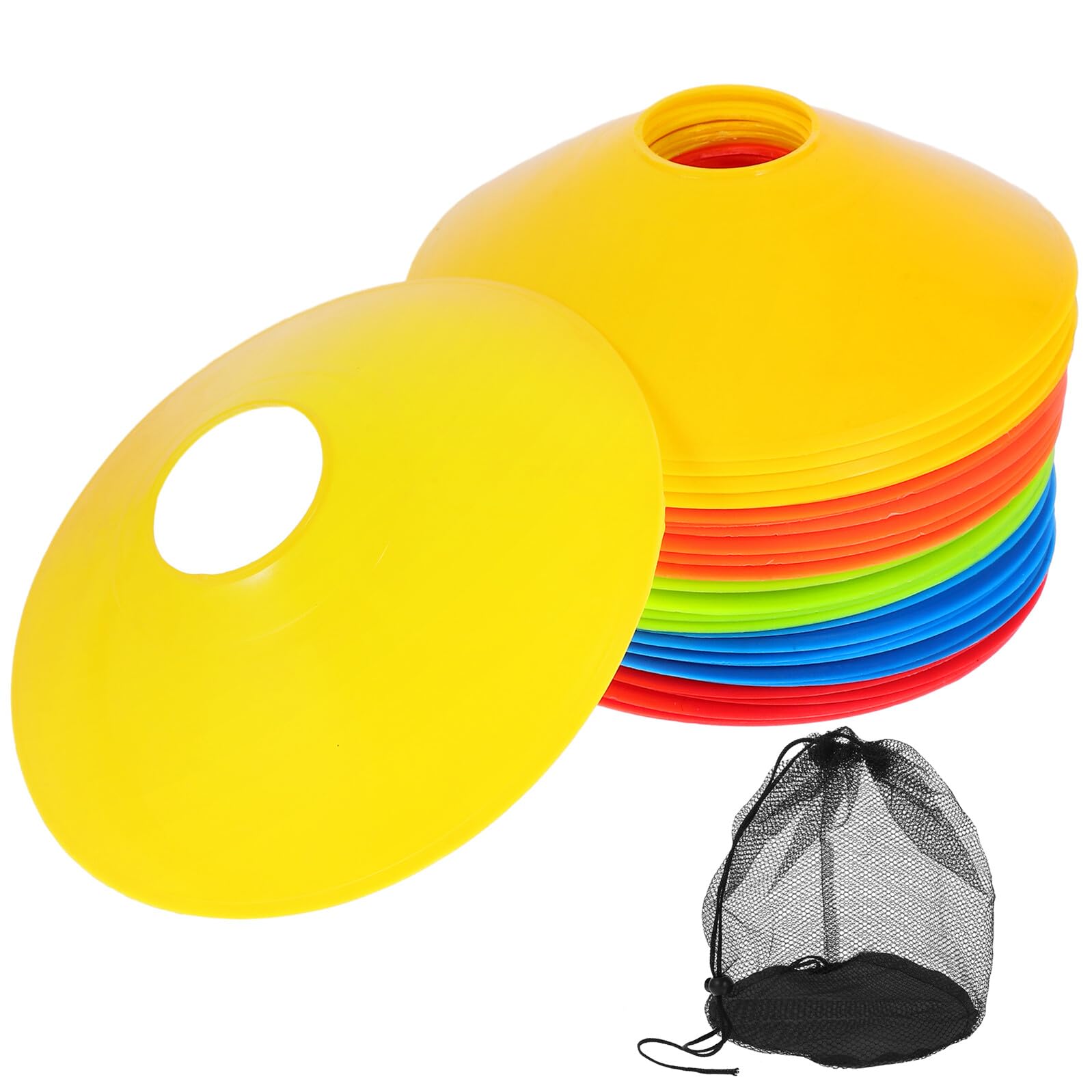 BESTonZON Plots D'entraînement Football 50 Pièces en PE Robuste, 5 Couleurs Assorties, Cônes D'agilité Portables Paquet Filet de Rangement, Panneaux de Signalisation pour Préparation