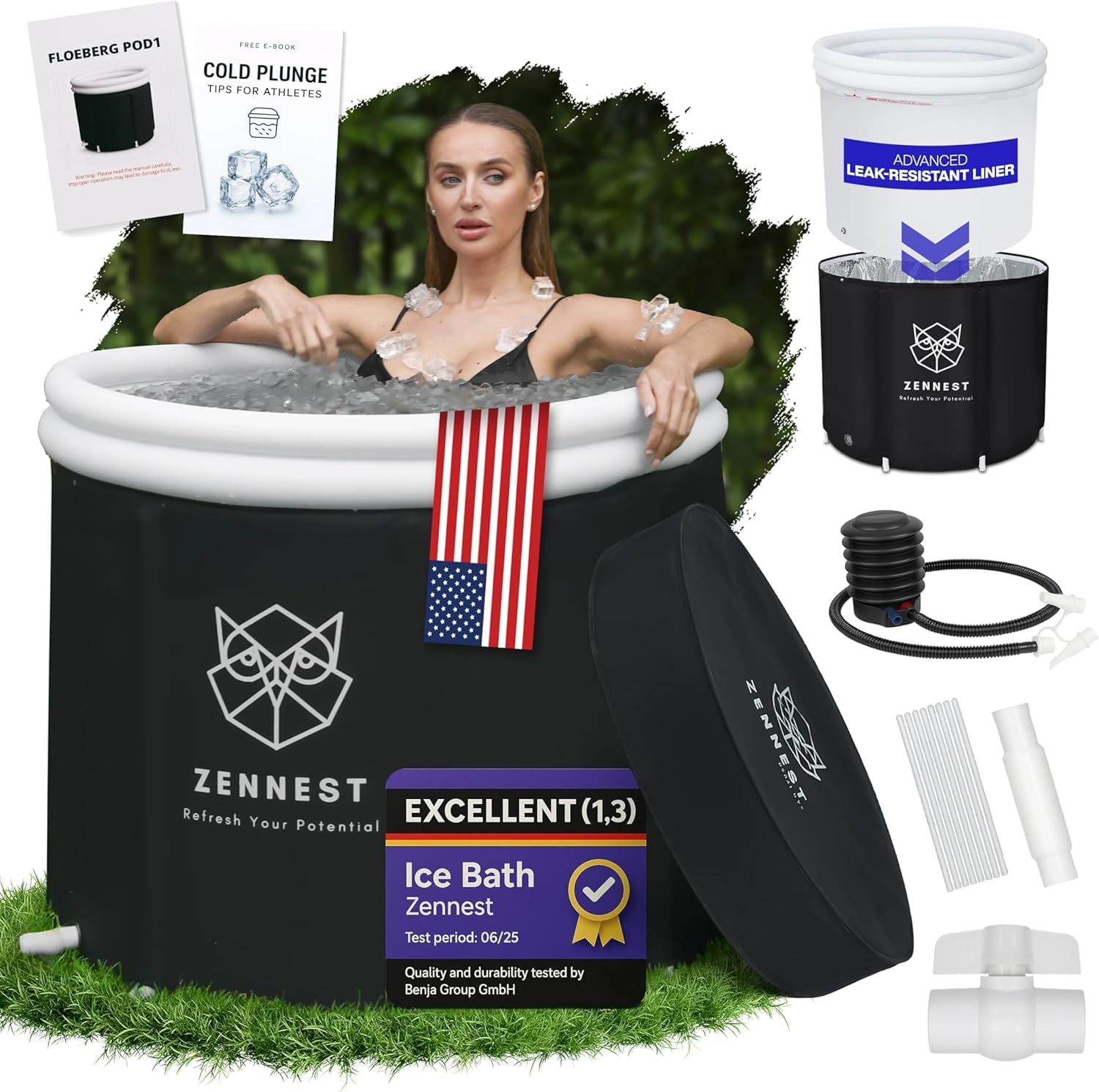 Portable Ice Bath Tub Patented Leak Guard, German Design 90 Gal XL Cold Plunge Tub - 6-Layer Insulated Inflatable Bathtub for Cold Water Plunge Pool, Air-Cavity Thermal Shield with Bouns Ebook — image 1