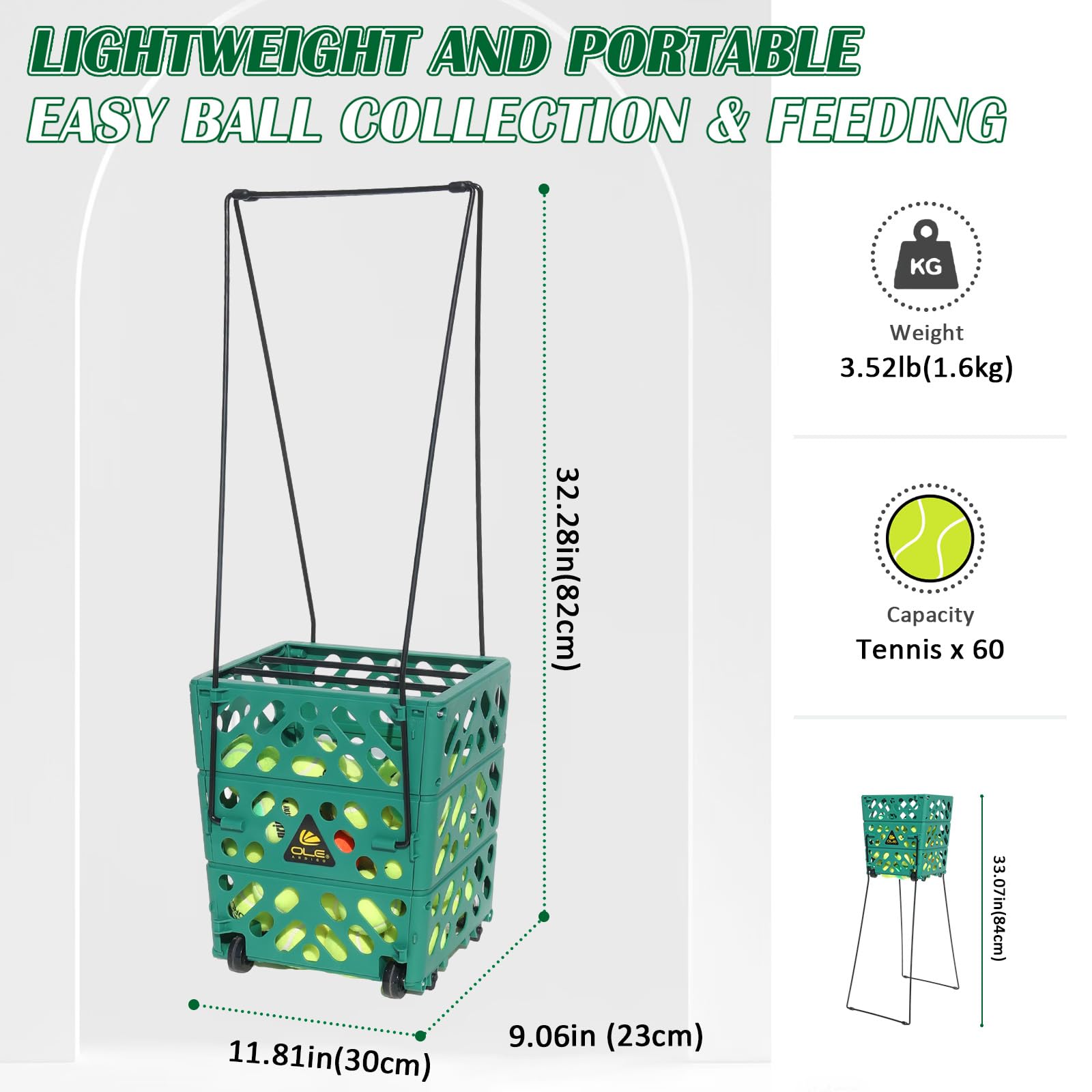 Tennisballsammler, Fassungsvermögen für 60 Tennisbälle, Leichter Tennisballaufsammler, Tennisballaufsammelwerkzeug