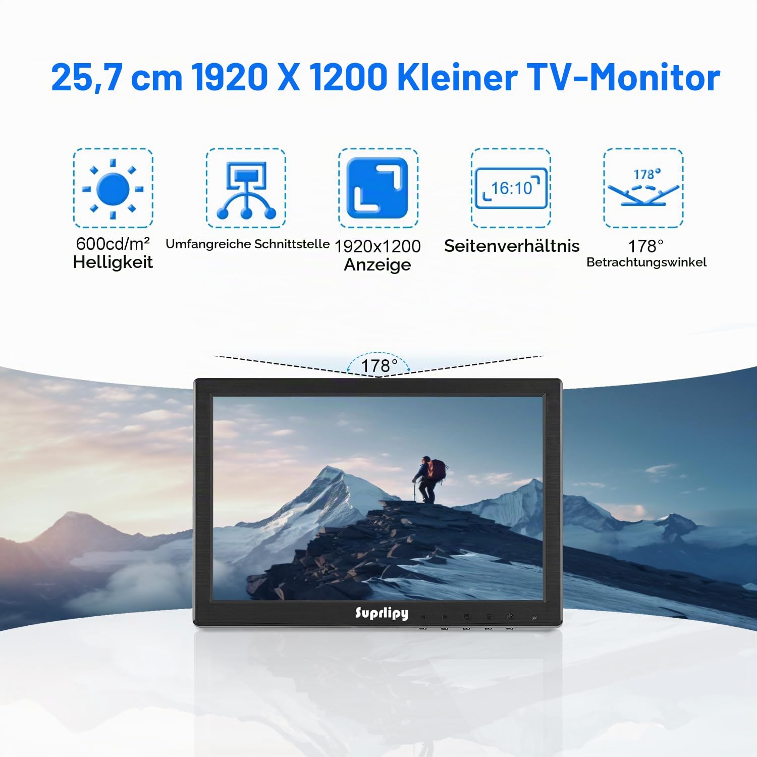 10 Zoll FHD Small IPS Monitor LCD Display Bildschirm 1920x1200 60Hz 16:10 mit BNC VGA AV Eingang Eingebaute Lautsprecher für CCTV Sicherheitskamera DVR PC STB Spielkonsole