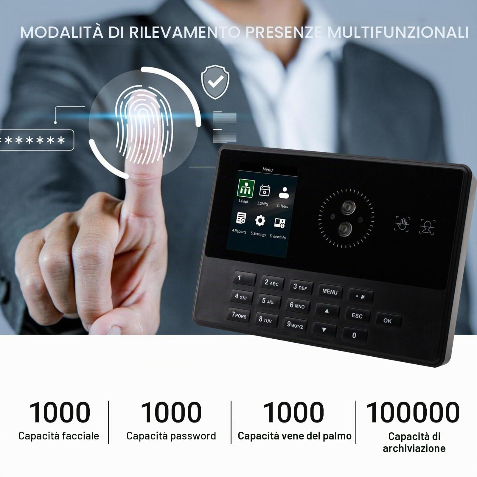 Bisofice T900 Rilevatore Presenze Dipendenti, con Scansione Facciale e impronte digitali e RFID Password, Timbratrice Presenze Prompt Vocale, Display da 2,8", per Piccole Imprese