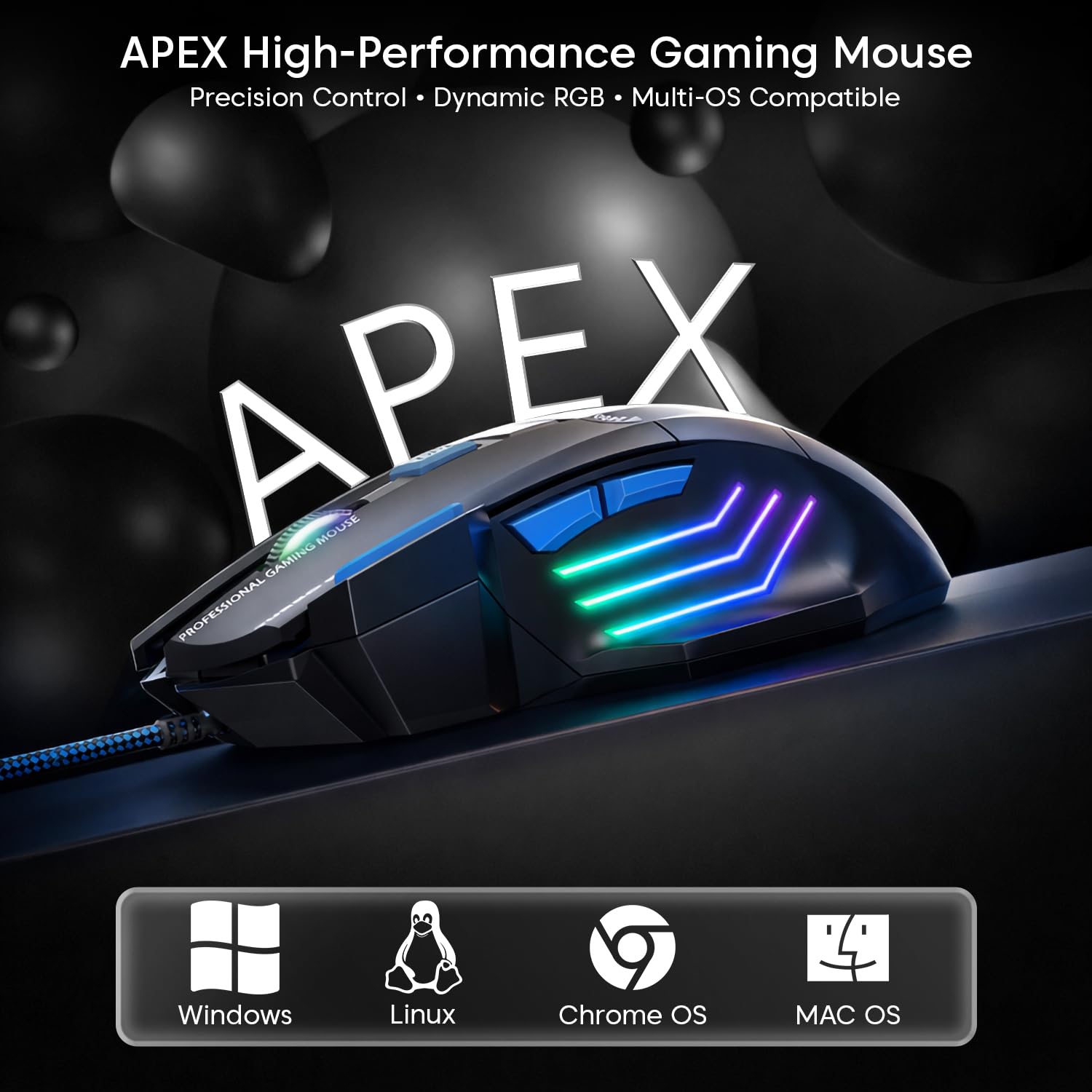 Sounce Apex Wired Gaming Mouse with 7200 DPI Precision Optical Sensor, 7 Programmable Buttons, RGB LED Modes, Braided Cable and Ergonomic Comfortable Design for PC Laptop Desktop Gamer Use (Black) — Amazon image 3