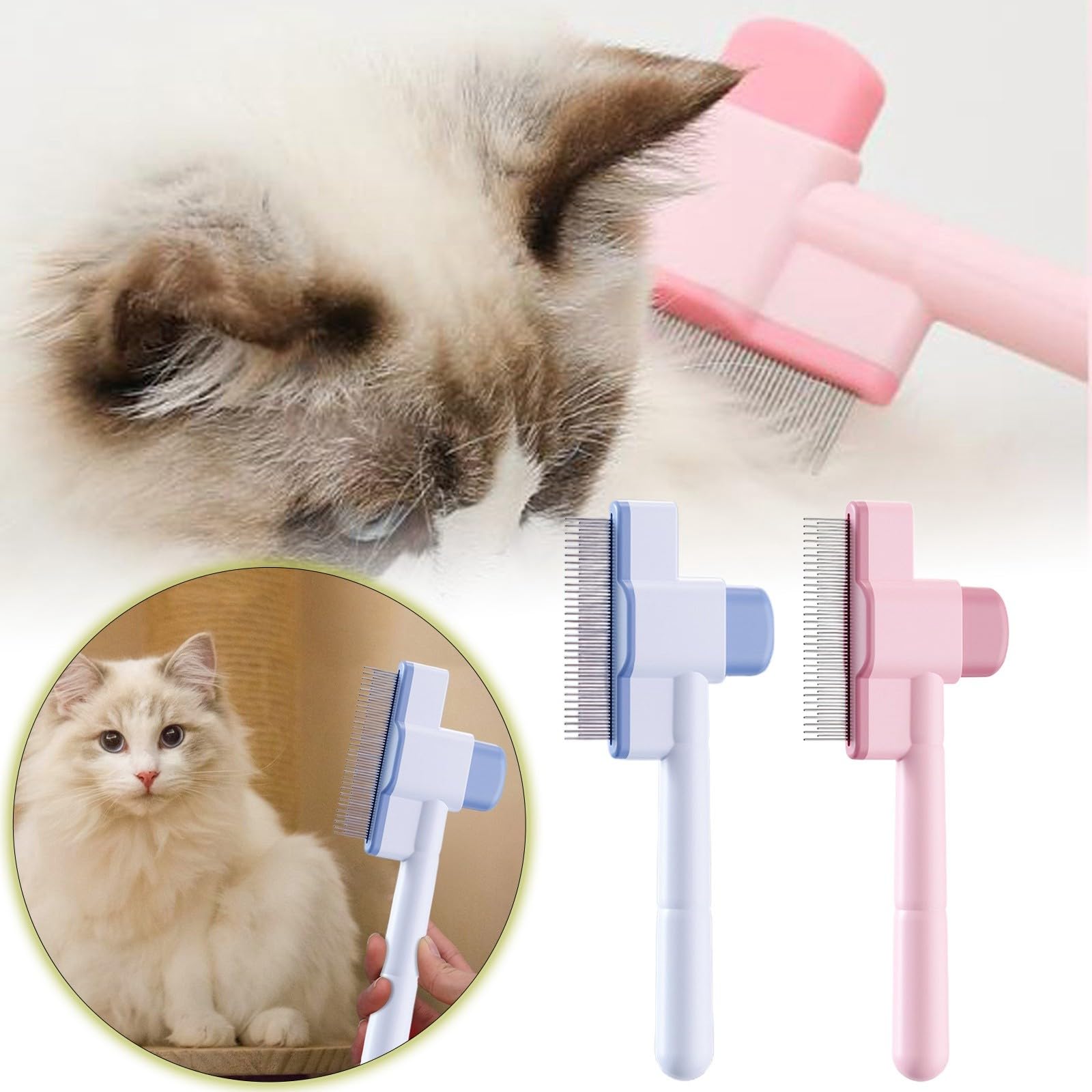 HELLORSO Multifunctional Pet Hair Comb Flea and Tear Stain Removal, 2025 New Flea Comb Dog Cat Hairs Removal Cat Hair Grooming Brush, Upgrade Self Cleaning Pet Hairs Combs (Pink)