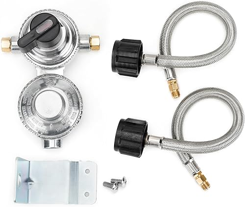 Miniatura 8 de onlyfire Regulador de propano RV para tanques duales, regulador de gas propano LP de cambio automático de 2 etapas con 2 mangueras de propano de 18