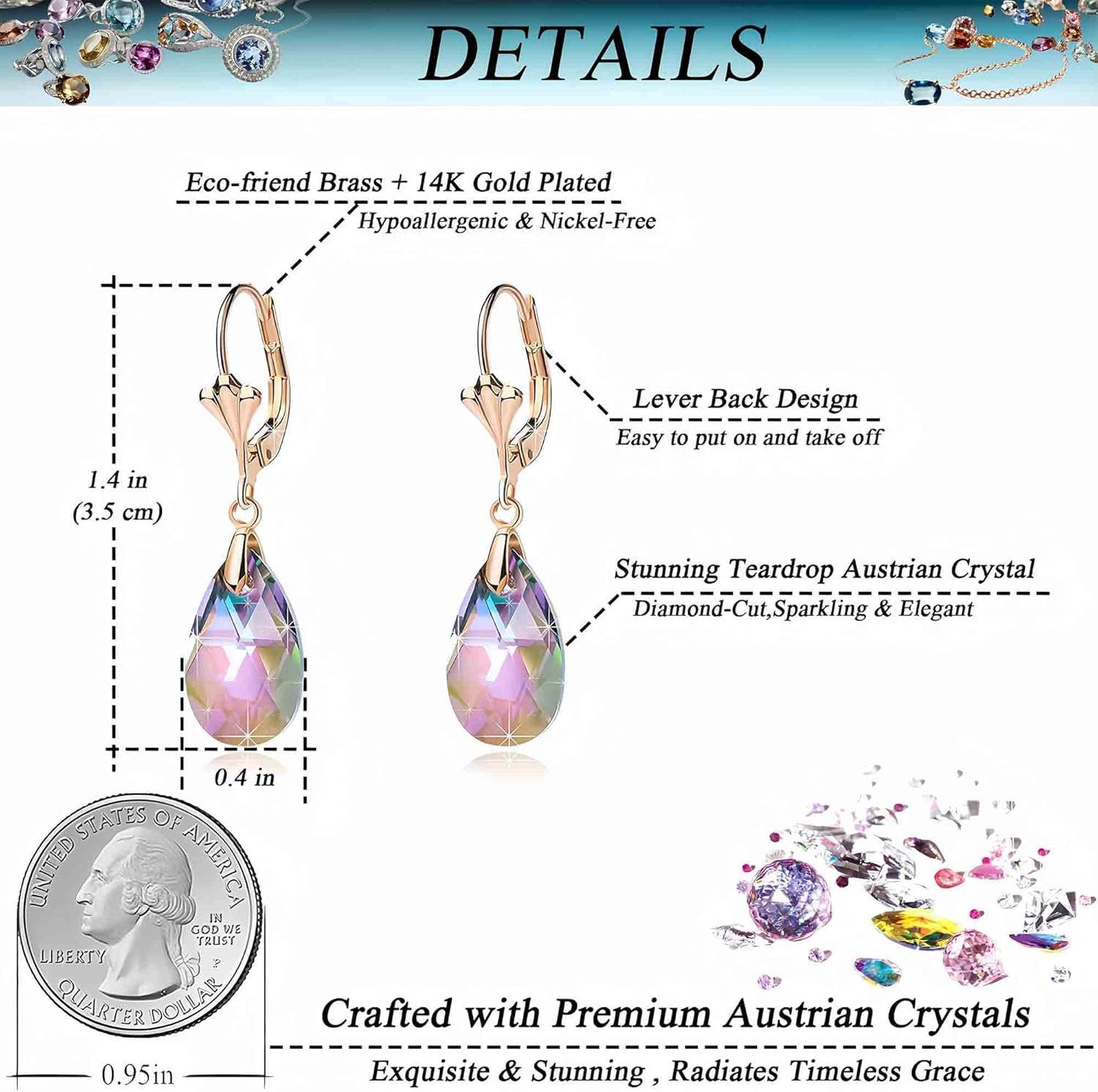 Austrian Crystal Teardrop Leverback Dangle Earrings for Women Fashion 14K Gold Plated Hypoallergenic Jewelry - Image 4