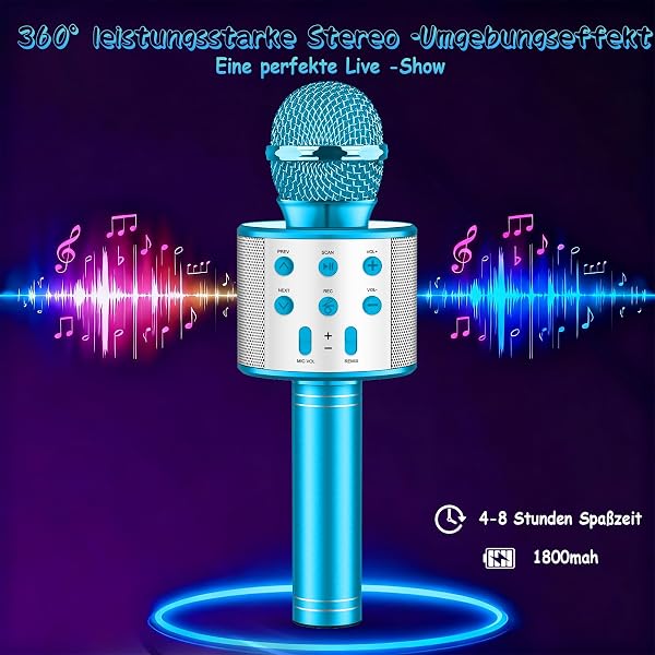 Micrófono Karaoke Bluetooth,Microfono Inalámbrico Karaoke con Altavoz y LED,Micrófono Portátil para Niños Canta Partido Musica,Dinámicos Juguetes para Niña,Soporte Youtube, Android/iOS/PC/A (Azul) - 4