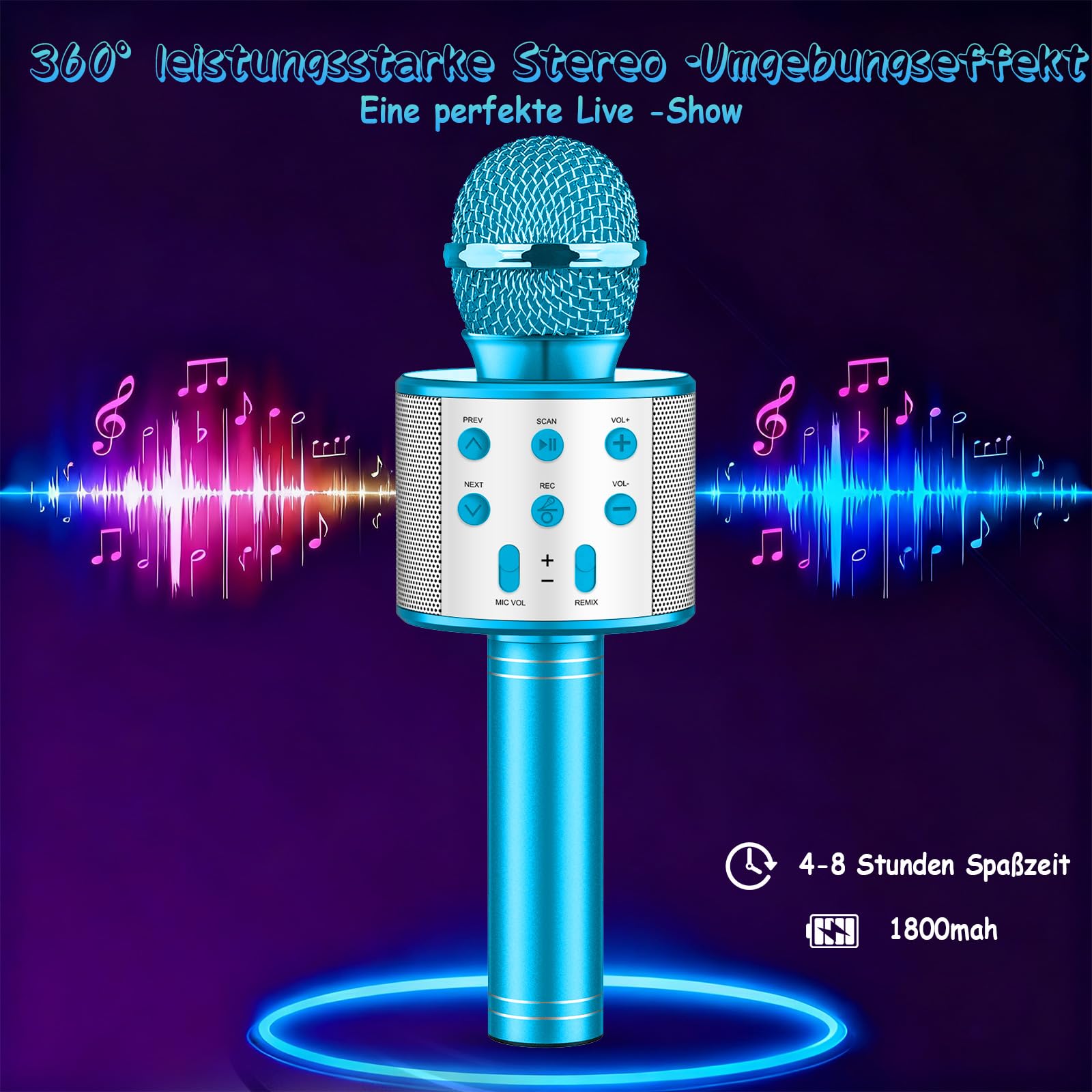 Micrófono Karaoke Bluetooth,Microfono Inalámbrico Karaoke con Altavoz y LED,Micrófono Portátil para Niños Canta Partido Musica,Dinámicos Juguetes para Niña,Soporte Youtube, Android/iOS/PC/A (Azul) — view 4
