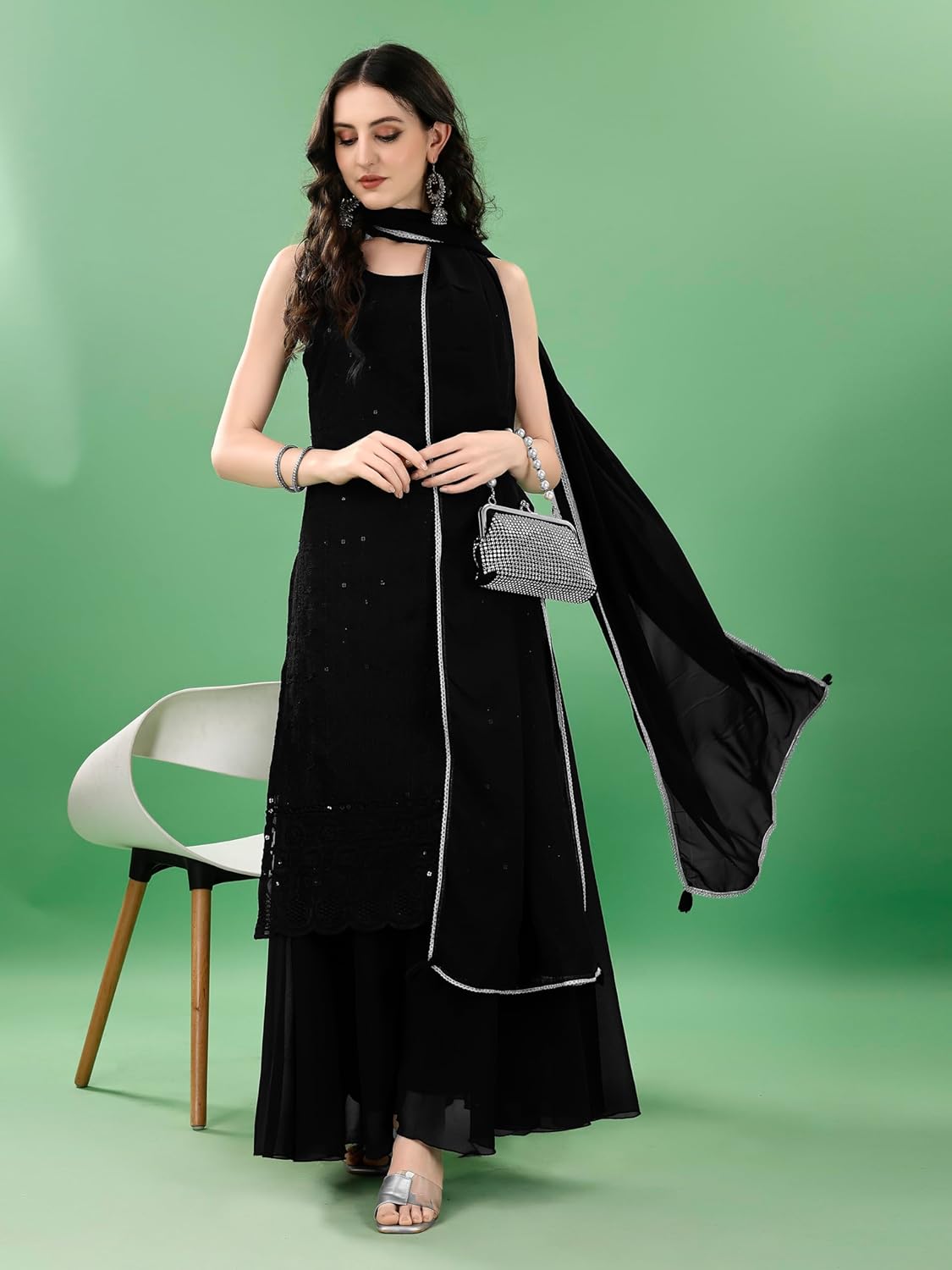 Shopping Queen Women's Georgette Chikankari Embroidery Kurta set with Dupatta