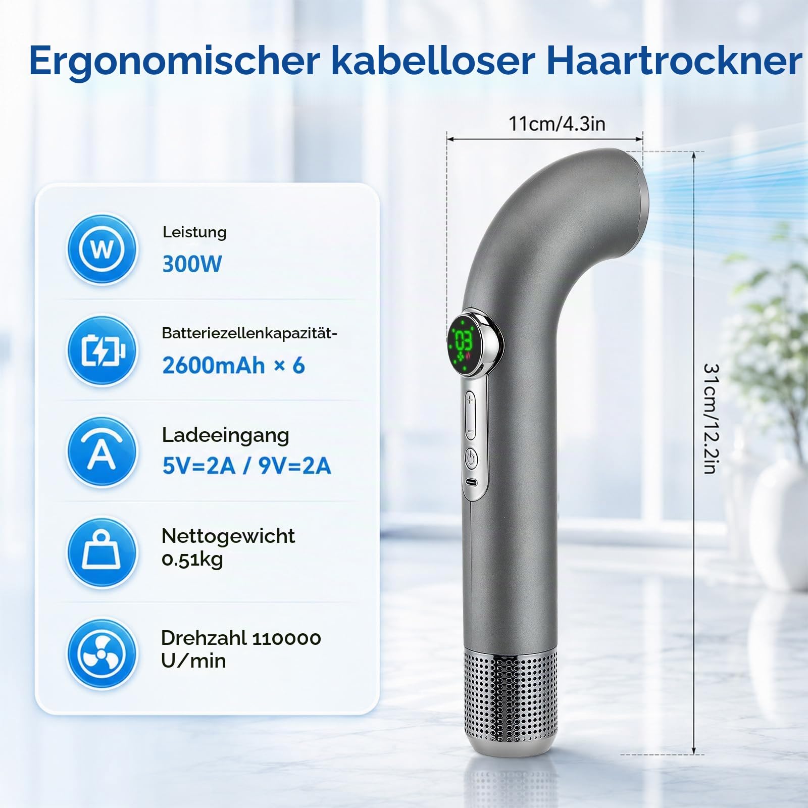Kabelloser 300W Akku Haartrockner, Kabelloser Fön mit Akku, 4 Geschwindigkeiten & 3 Temperaturen Reisefön, 12600 mAh Reisefön Kabellos mit Bildschirm, Reiseföhn für Reisen, Camping