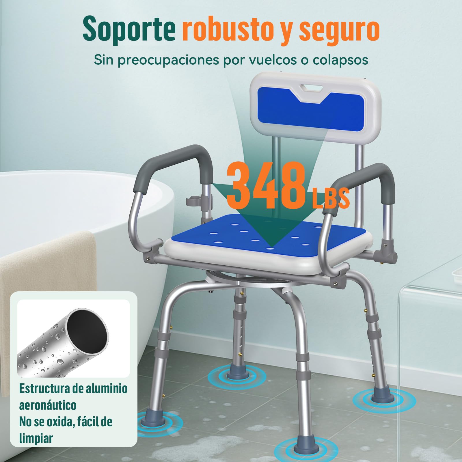 Silla de Ducha Giratoria 360° – Silla de Ducha Ajustable con Respaldo y Reposabrazos Abatibles, Taburete de Ducha Antideslizante de Aluminio para Mayores y Personas con Movilidad Reducida