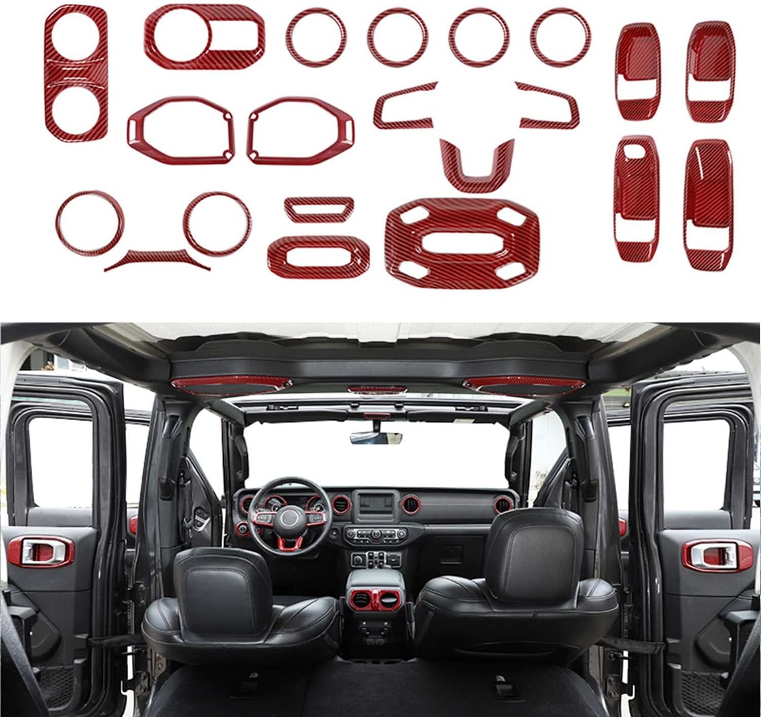 RT-TCZ 21 PCS Interior Trim Kit Cover Decoration Accessories for Jeep Wrangler JL JLU 2 Door 4 Door & Gladiator JT 2018-2022 (Red Carbon Fiber)
