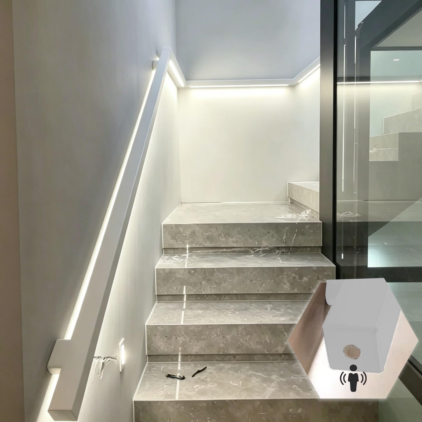 Oświetlenie LED do Poręczy Naścienna Lampa LED z Czujnikiem Ruchu, Aluminiowe Poręcze z Taśmą LED, Podświetlane Balustrady na Tarasy, do Korytarzy, Garaży i na Poddasza(Left,410cm(161.4in))