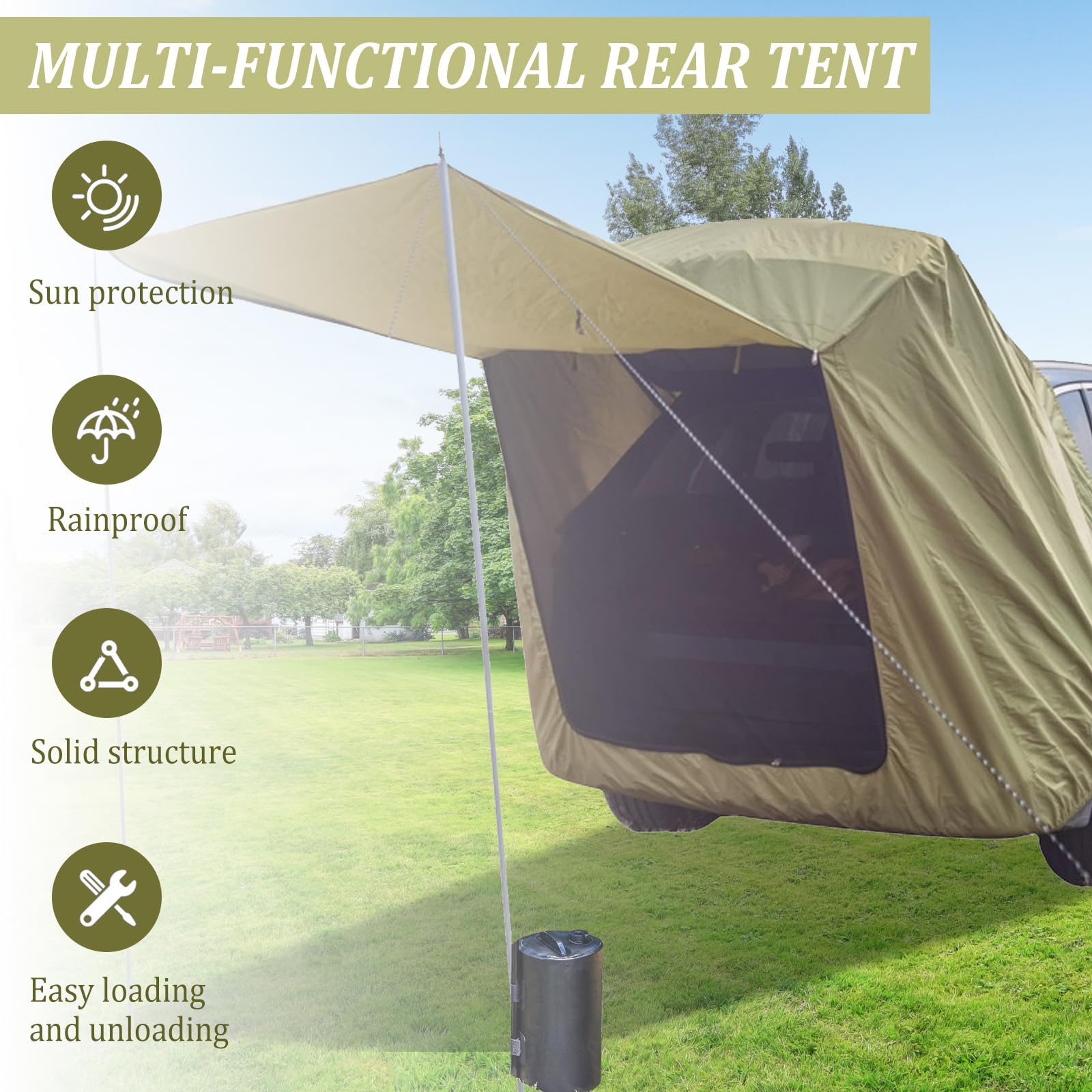 Tienda de campaña Trasera de Coche con mosquitera, protección Solar Impermeable toldos de Coche Tienda de campaña para SUV, toldo de Coche para Camping y Pesca con 2 Bolsas de Agua