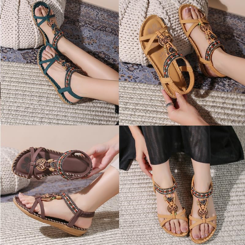 Women'S Flats Sandals Summer Bohemian Beaded Dress Shoes Comfort With Elastic Ankle Strap Women Flats Open Toe Sandal Comfortable Ankle Strap Outdoor Walking2