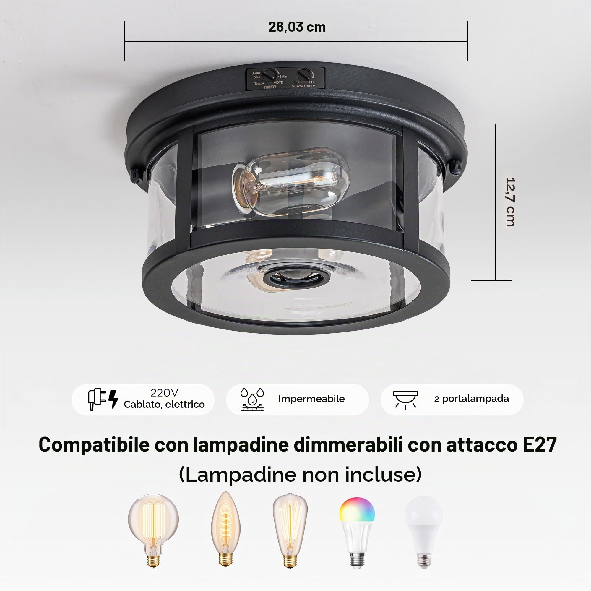FTL Plafoniera con Sensore di Movimento da Esterno, E27 Portico Luce da Soffitto con Rilevatore di Movimento, 2 Luci Lampada Sensore Crepuscolare Esterno con Vetro per Giardino Bagno, Impermeabile