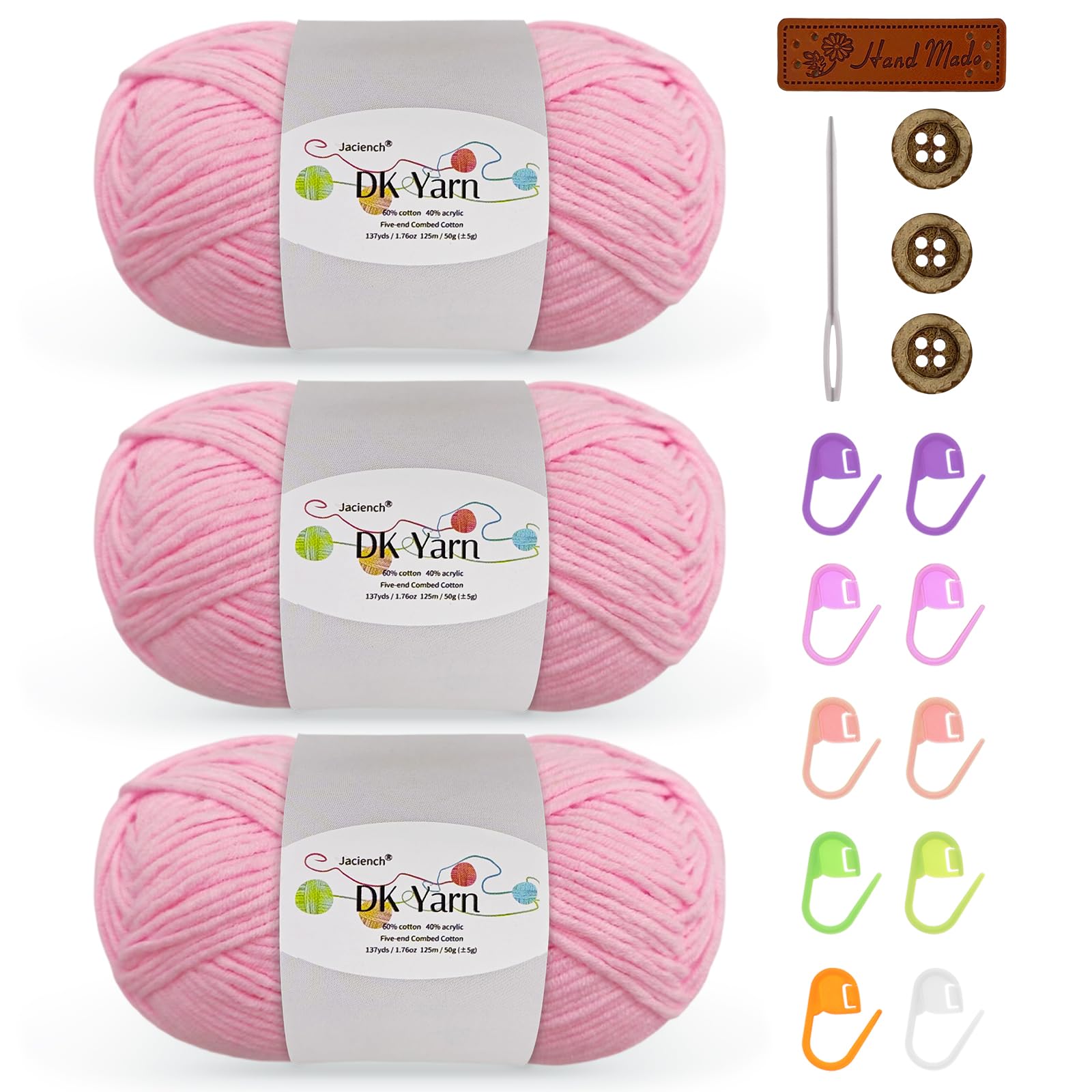Crochet Yarn Kit, 3×50g 60% Cotton 40% Acrylic Combed Cotton Yarn with Accessories, DK Wool for Beginners Amigurumi Socks Blankets（Light Pink-3）