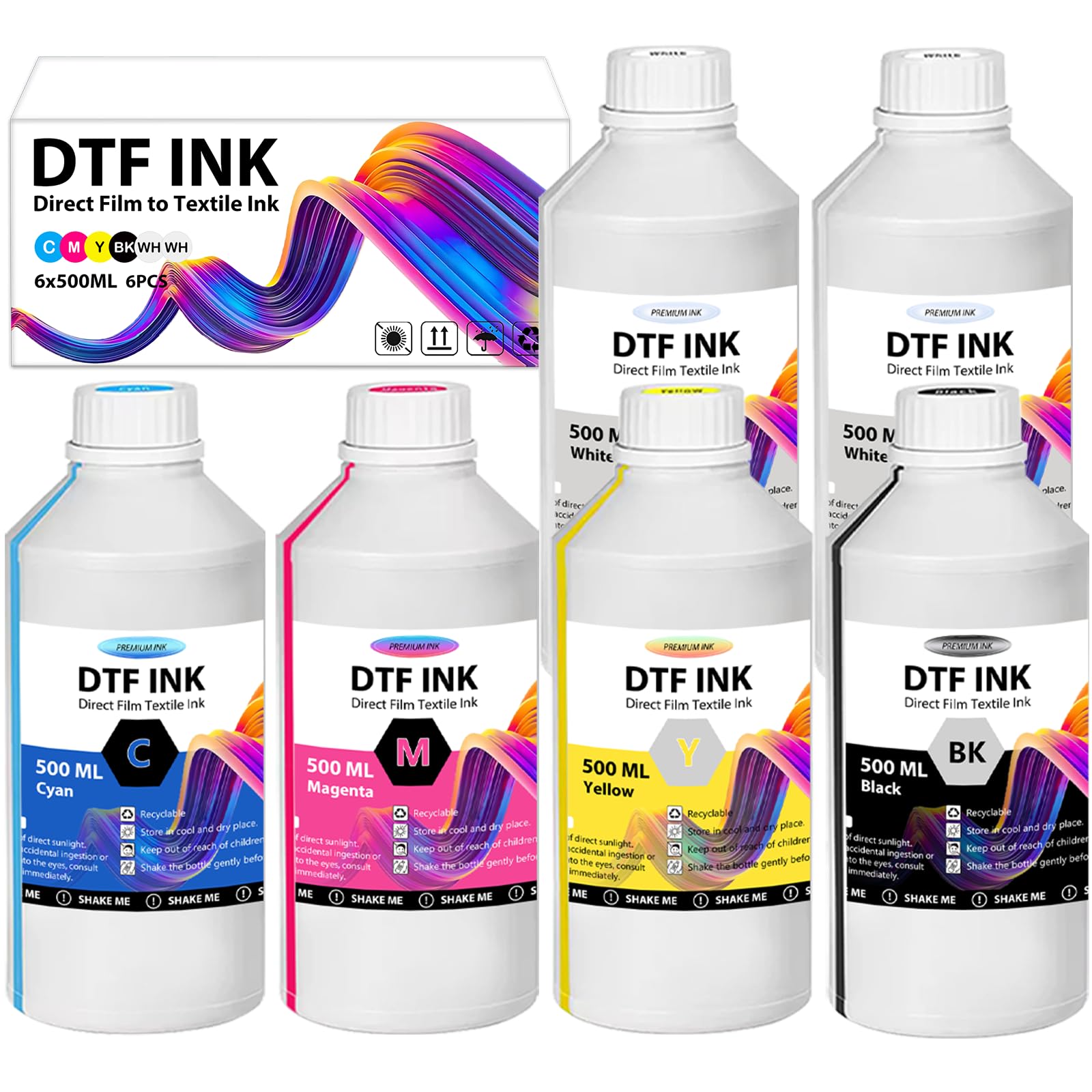 DTF Ink - 3000ML DTF Transfer Ink for PET Film, Premium Pigment Ink Refill for P600 P800 DX5 DX7 R1390 XP600 i3200 4720 5113 Printers, High Fluidity &amp; Coverage (500ML*6, 2W+BKCMY)