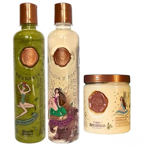 RITUAL BOTANICO Kit 3 Crecimiento Acelerado y Ultra Reparador S.O.S Champú de Cebolla, Acondicionador Intensivo PLEX, Mascarilla Capilar.