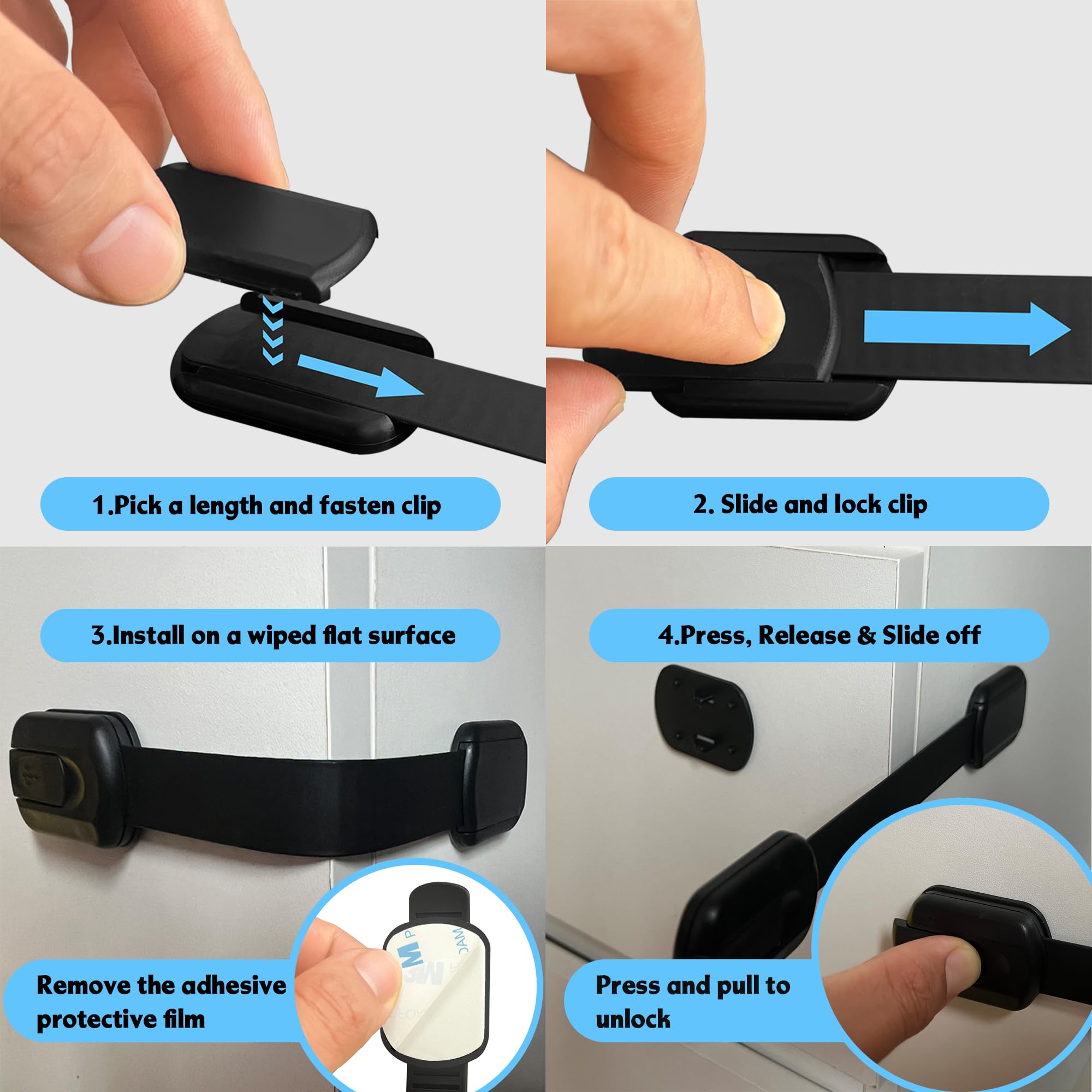 Cerraduras de seguridad para niños a prueba de bebés, seguras, rápidas y fuertes, fáciles de instalar y usar para muebles, cocina, asiento de inodoro, horno y muchos otros usos. (B - Negro, 6 piezas