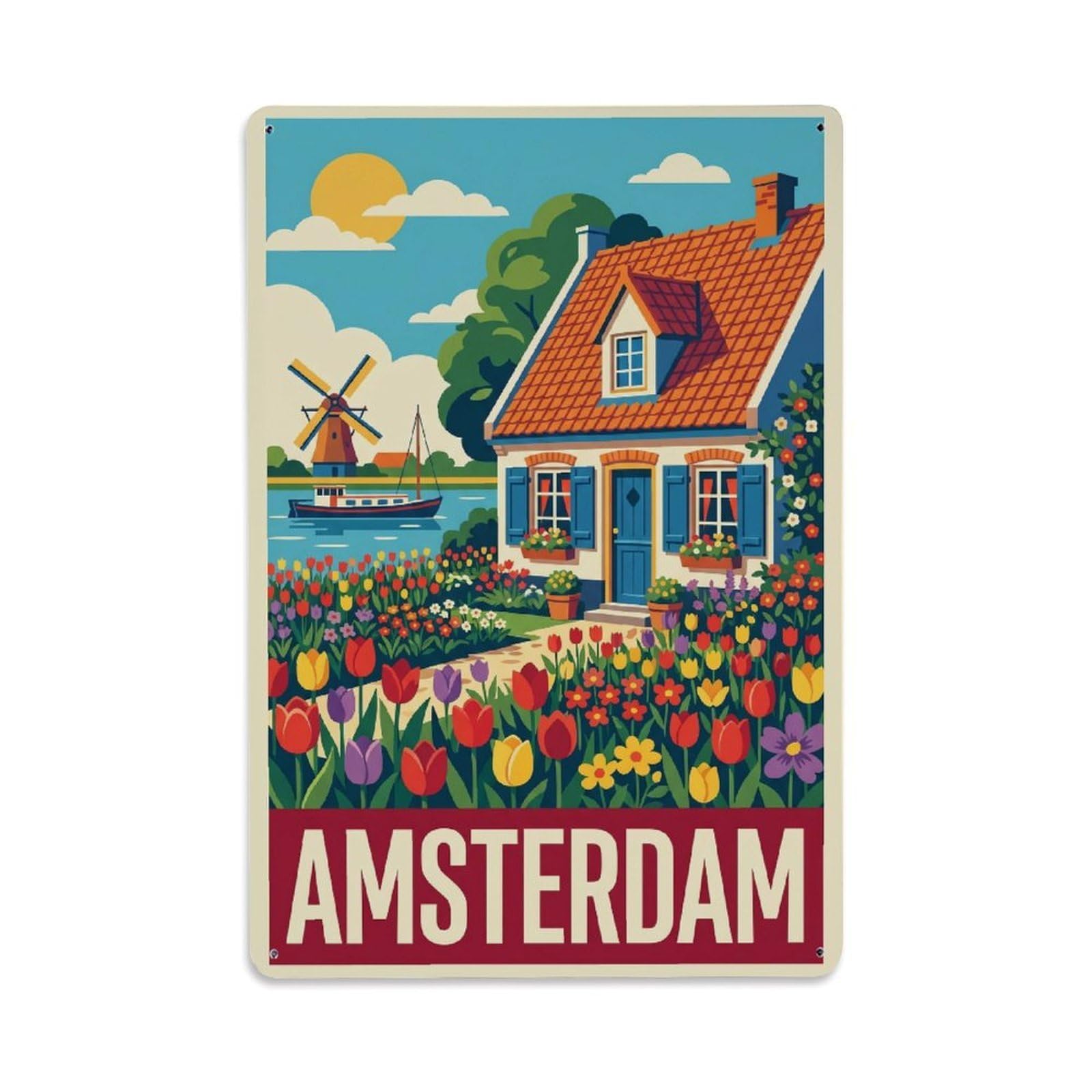 Okngb Style Cottage Vintage Countryside Amsterdam Travel Landscape Metal Tin Sign Plaque Wall Decor For Cafe, Man Cave, Club Bar, Office, Home Garden Round Metal Poster 8X12inch