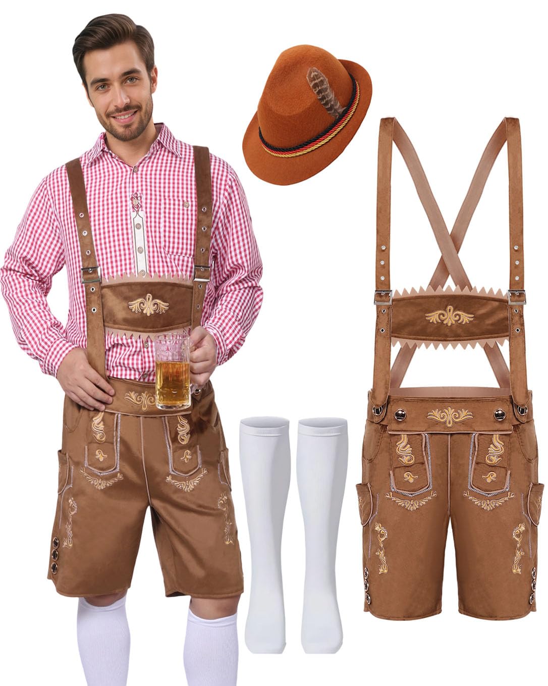 Un Jeune Homme En Costume Bavarois National, Avec Shorts Sur Bretelles Et Chapeau Pose De Portrait Charismatique Bras Tendus Photo 232244408