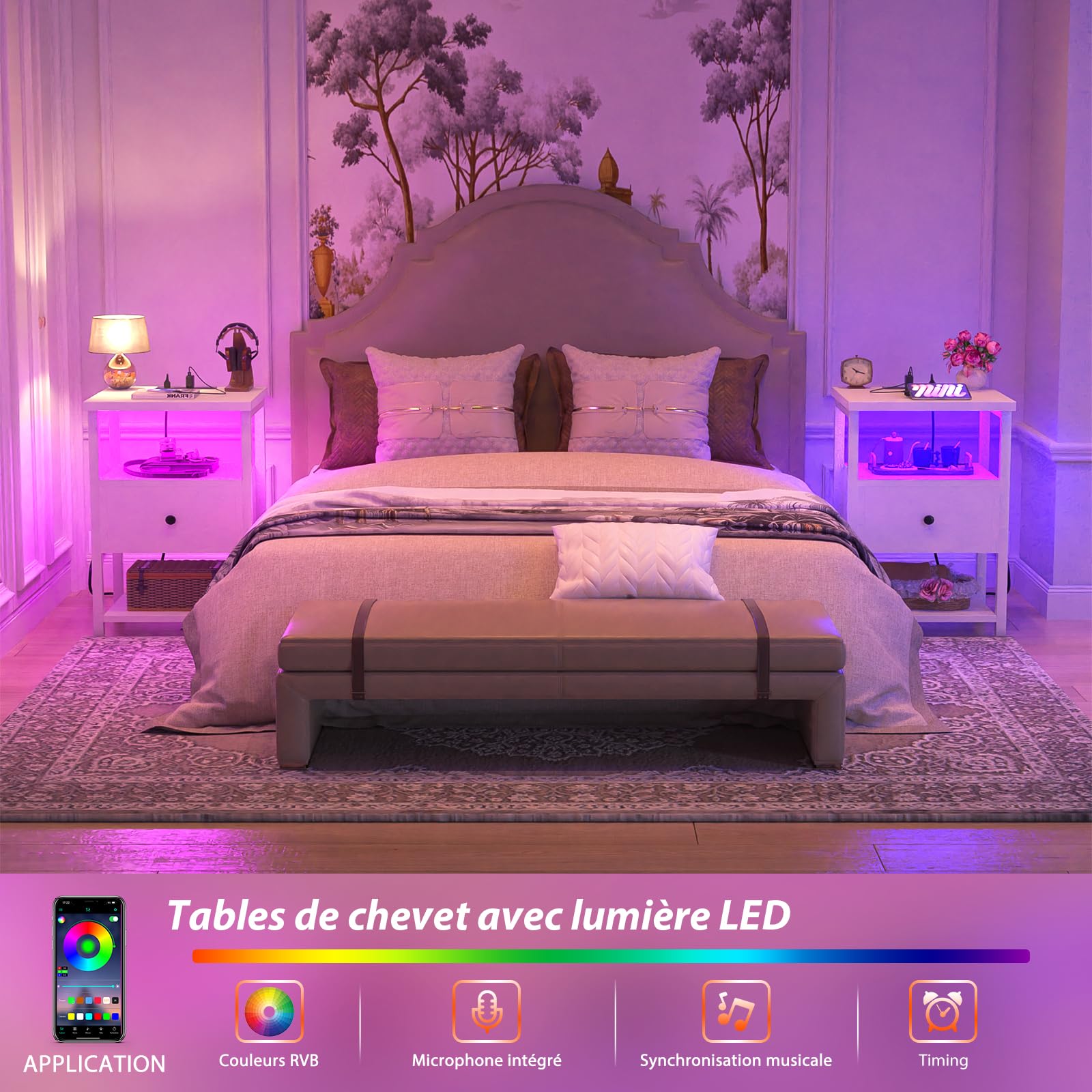 iSunirm Table de Chevet avec LED, Table de Nuit en Bois avec Station de Charge, Chevet avec Tiroirs en Bois, Meuble de Chevet pour Chambre et Salon, Blanc