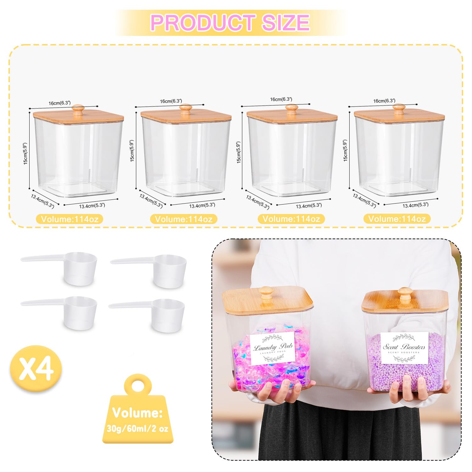 4 Pack Laundry Pods Container Set including Bamboo Lid, Scoops and Labels, Laundry Containers, Laundry Pods Holder - Image 3