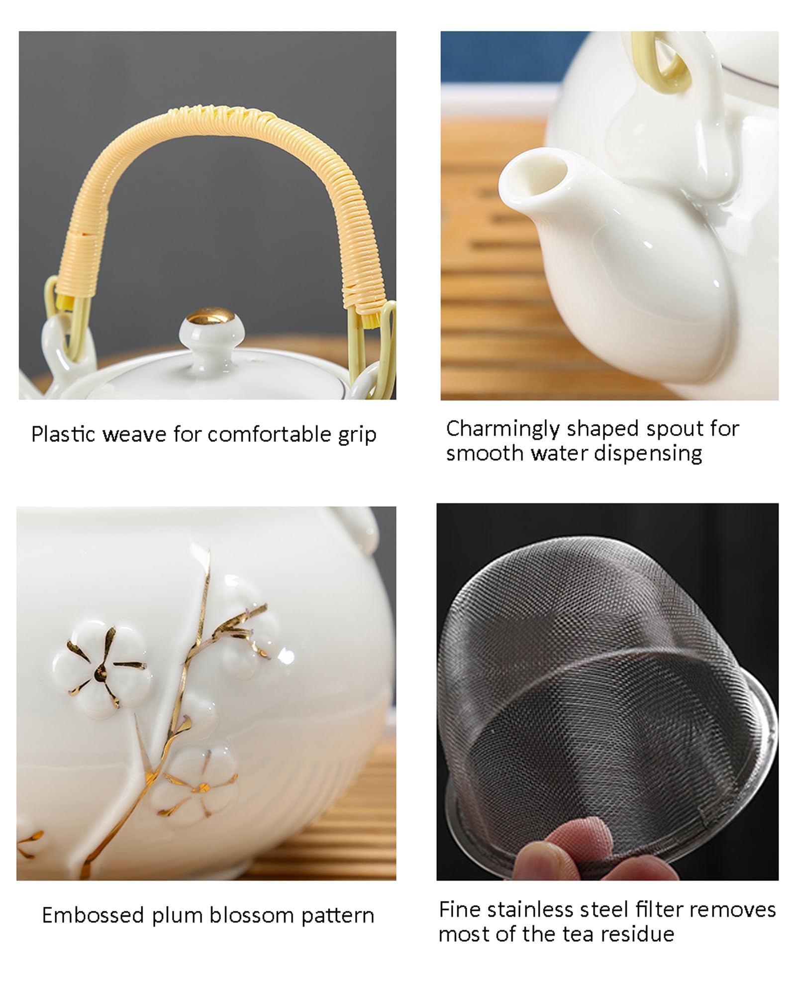 KEYDUACU Service à thé japonais en céramique blanche, motif fleur de prunier gaufré, comprend 1 théière (660 ml), 6 tasses, plateau à thé, passoire, peut être utilisé à la maison, en plein air,