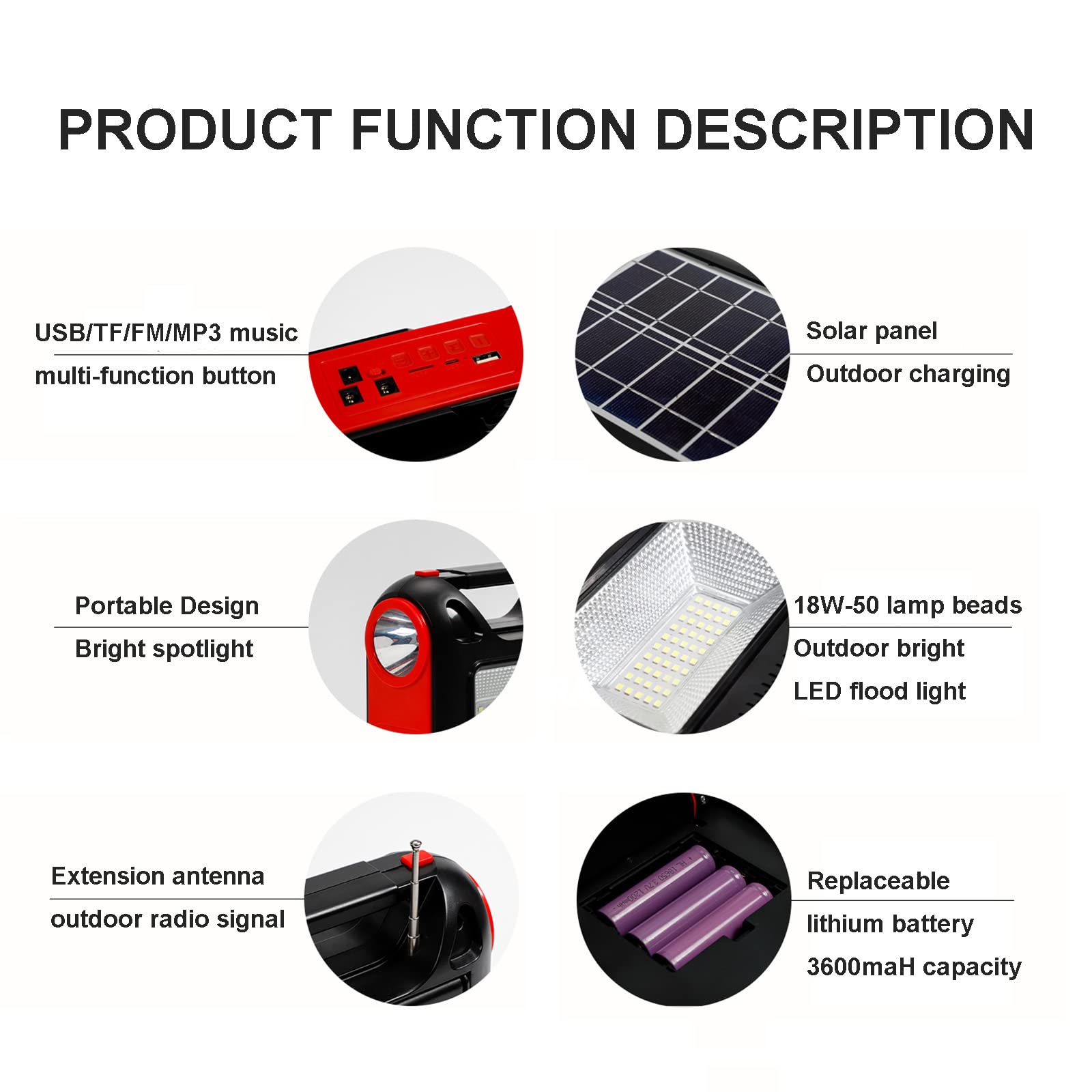 Radio Solaire Haut Parleur Bluetooth - Portable Camping, Connexion Ampoule 5W, USB/TF Lecteur, Lampe Poche Rechargeable Batterie 3600 mAh,1 Bulb