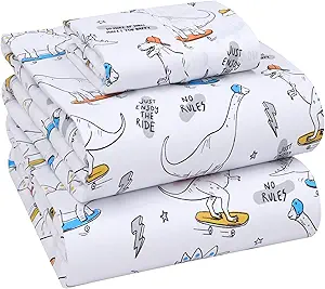 RUVANTI 100% Cotton Twin Sheets Set, 3 Pieces, Soft & Breathable Percale Weave Bedding, Deep Pocket 16", Hotel Standard, Crisp Cool Feel, Durable, Perfect Floral Bed Sheet, Dino
