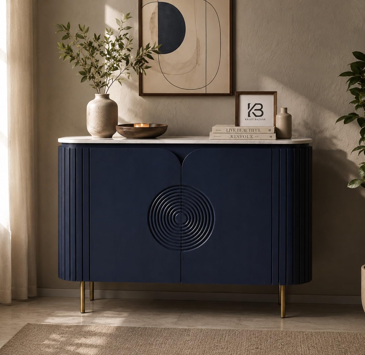Solid Wood Mandala Sideboard Cabinet with Sintered Stone Top for Living Room | Premium Acrylic Blue with Soft Close Hinges | 120 cm (W) x 39.8 cm (D) x 85 cm (H)-image-29