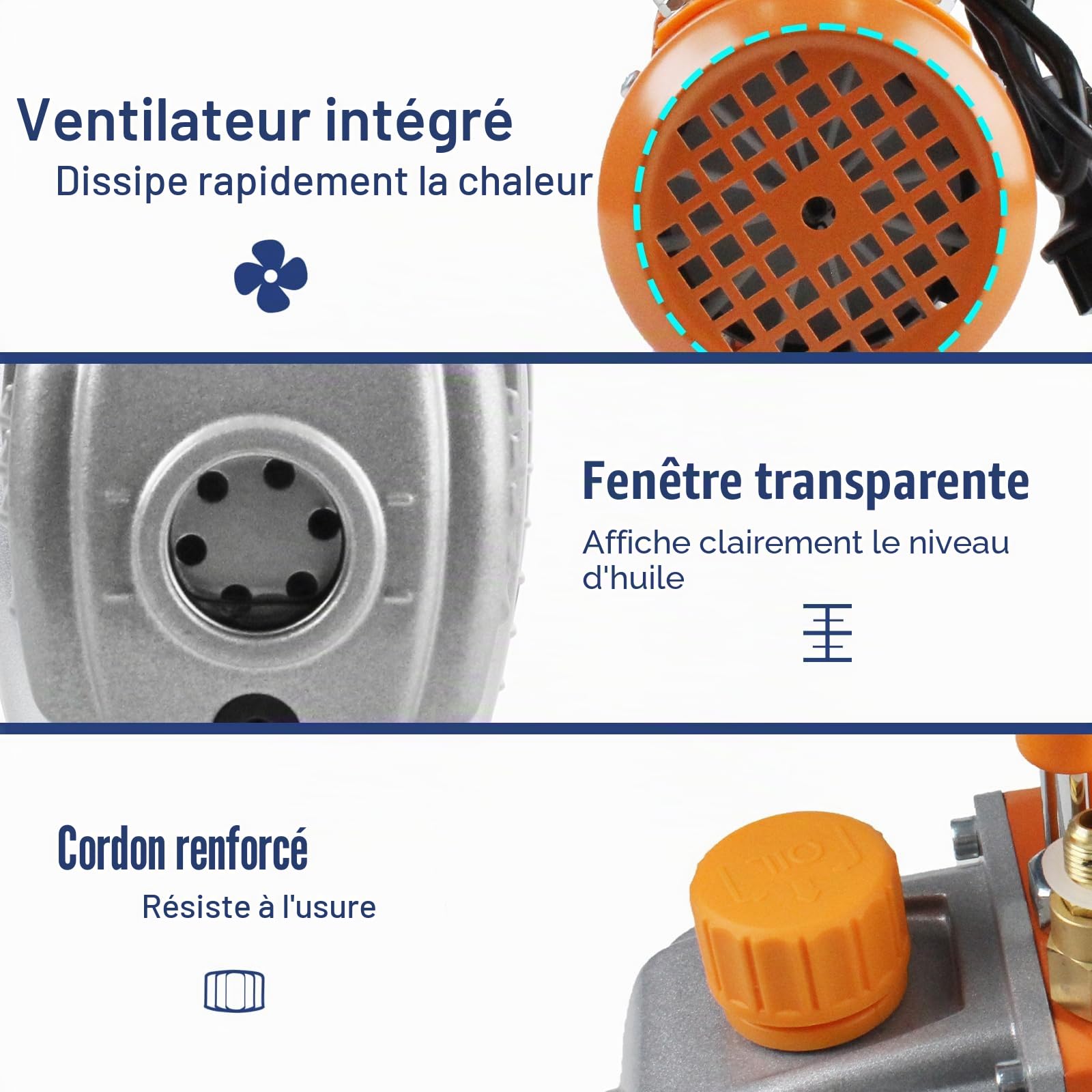 BACOENG Pompe à vide monostade 3 CFM, 1/4 HP, 2800 tr/min, destinée à la réparation automobile, la maintenance frigorifique et le dégazage des systèmes de climatisation