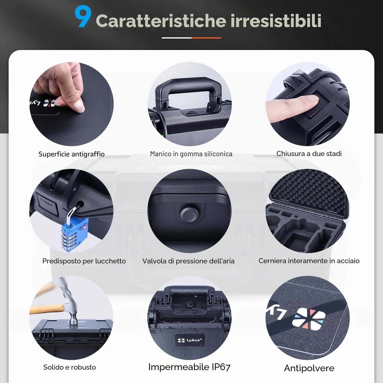 Lykus Titan MM410 Custodia/Case/Valigia impermeabile per DJI Mini 4 Pro/Mini 3/Pro e DJI RC2/RC/RC-N2/N1, Nero con tracolla, Supporta tracolla RC e fino a 7 batterie [SOLO CUSTODIA]